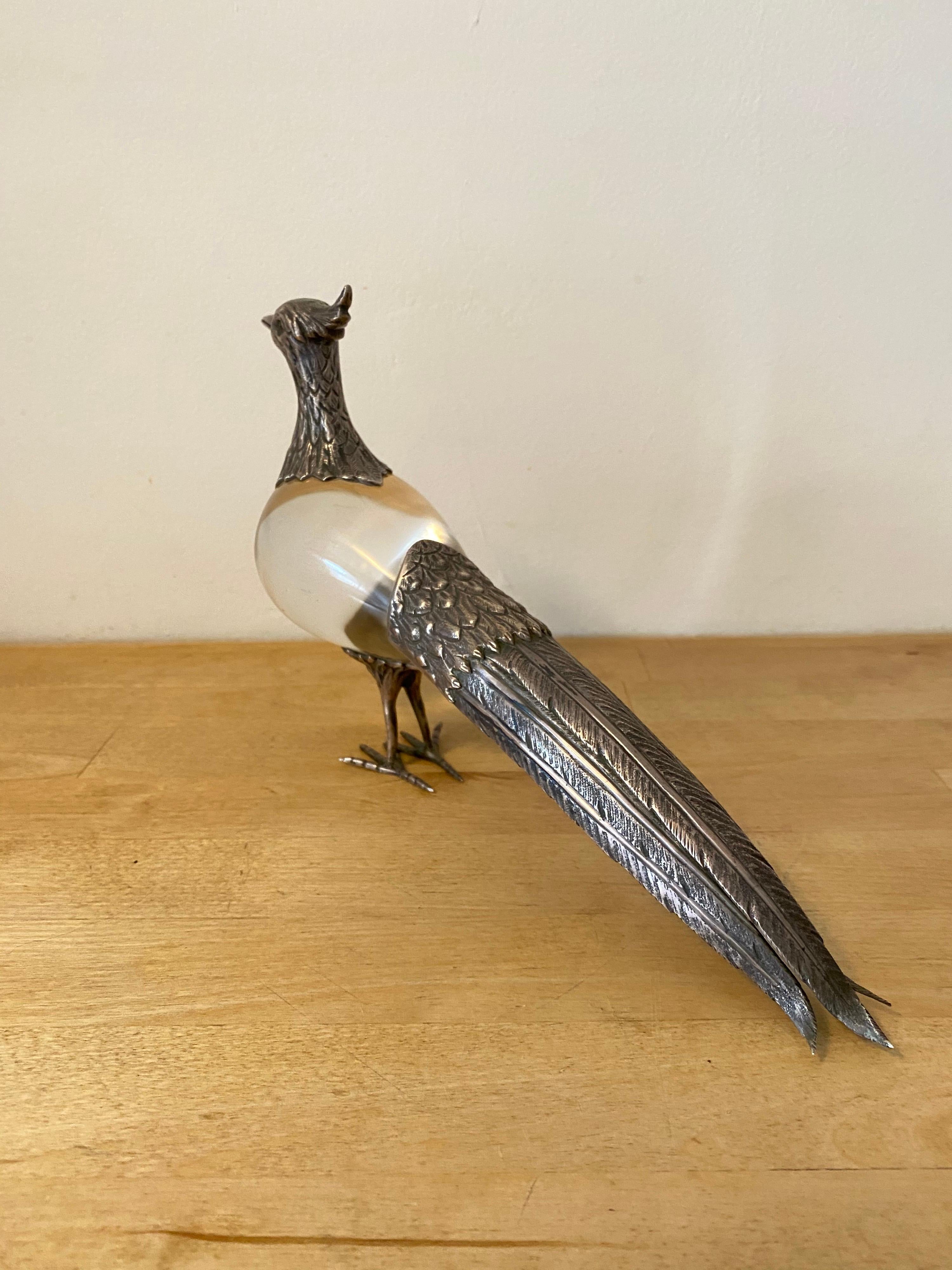 Mid-Century Modern 1970s Peacock in Glass and Silver