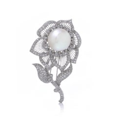 1970s Pearl and Diamond Brooch in White Gold and Silver