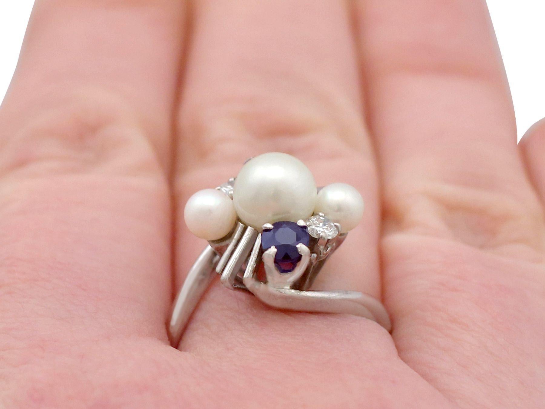Women's 1970s, Pearl and Sapphire Diamond and White Gold Twist Ring For Sale