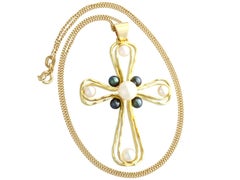 1970s Pearl and Yellow Gold Cross Pendant