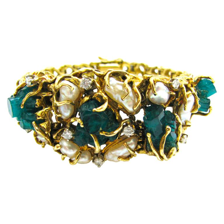 1970s Pearl Chatham Emerald and Diamond Bracelet