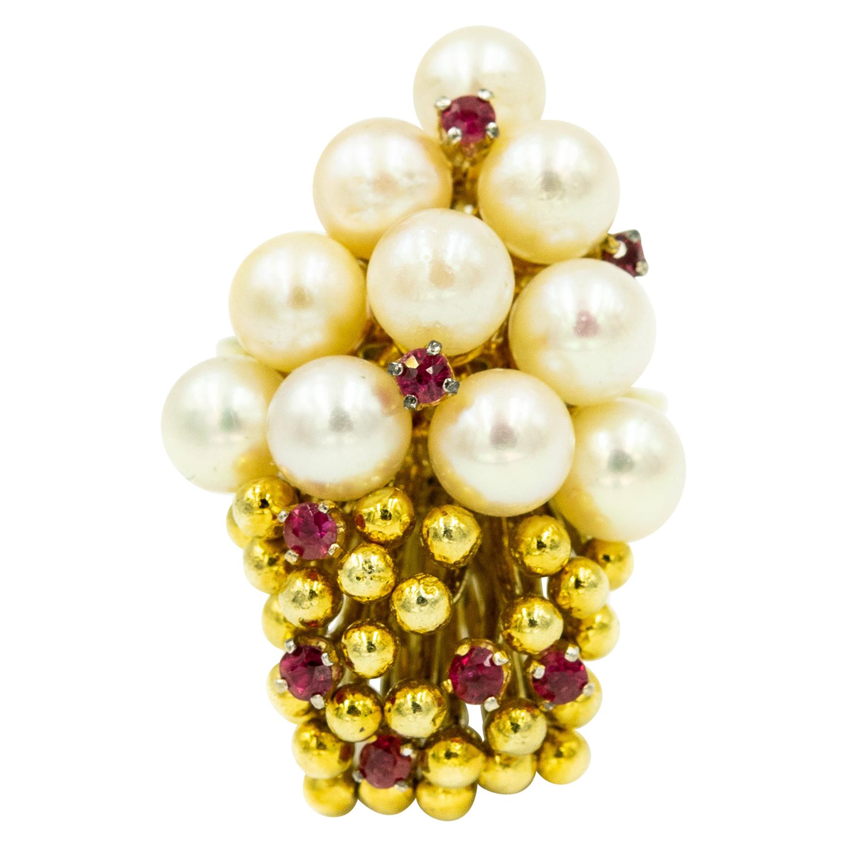 1970s Pearl Ruby and Gold Bead Cluster Ring