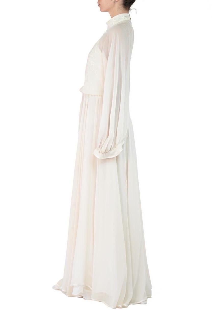 1970S Pearl White Silk Chiffon Couture Detailed & Beaded Gown With Blousy Sleeves