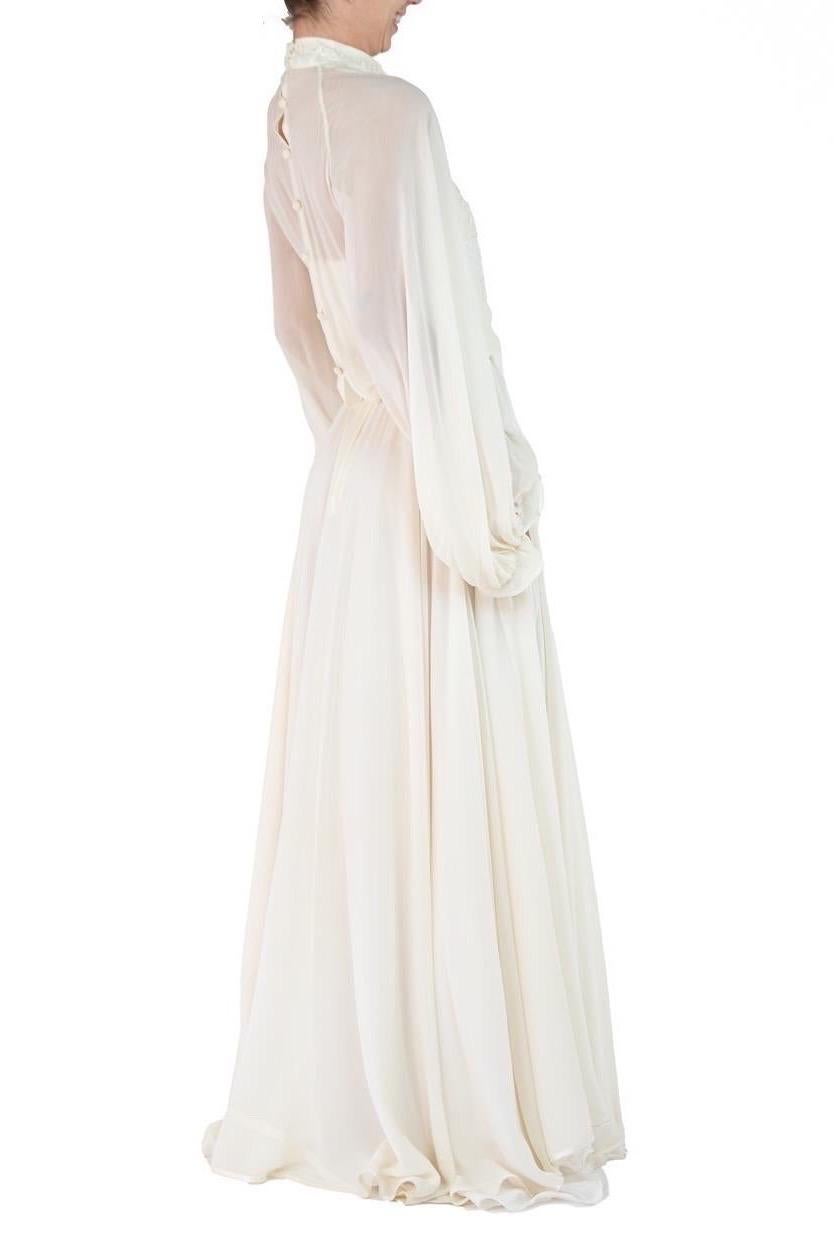 1970S Pearl White Silk Chiffon Couture Detailed & Beaded Gown With Blousy Sleev In Excellent Condition For Sale In New York, NY