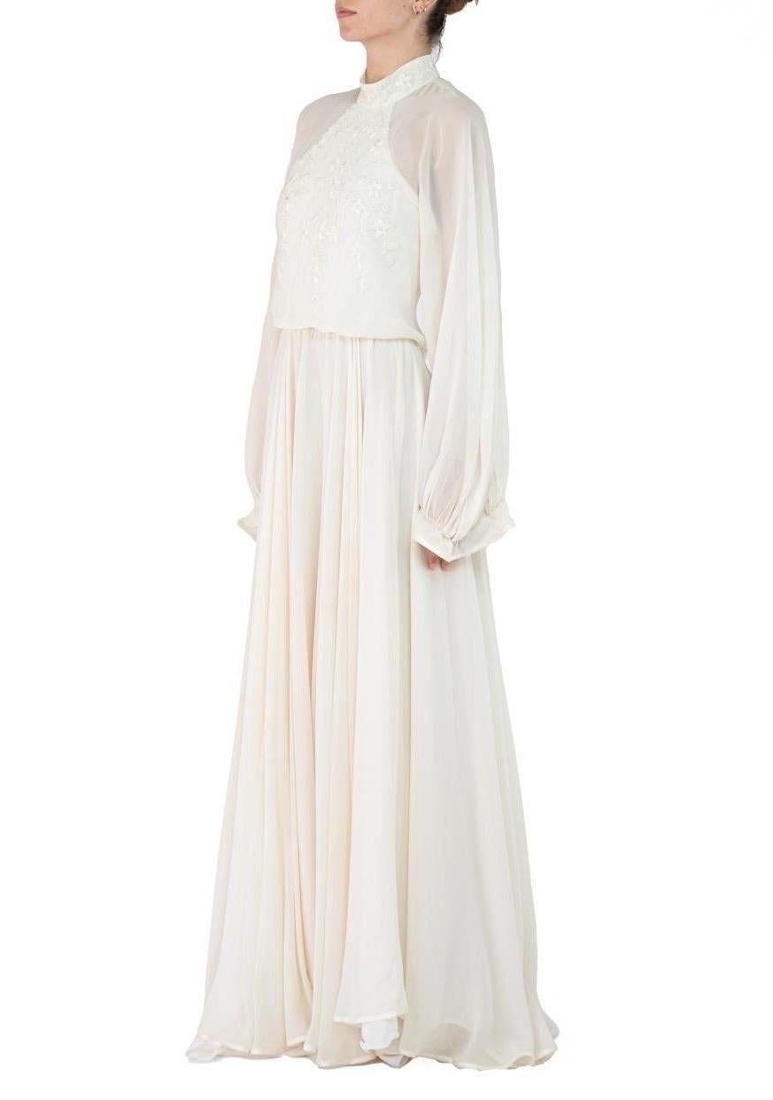 1970S Pearl White Silk Chiffon Couture Detailed & Beaded Gown With Blousy Sleev For Sale 1