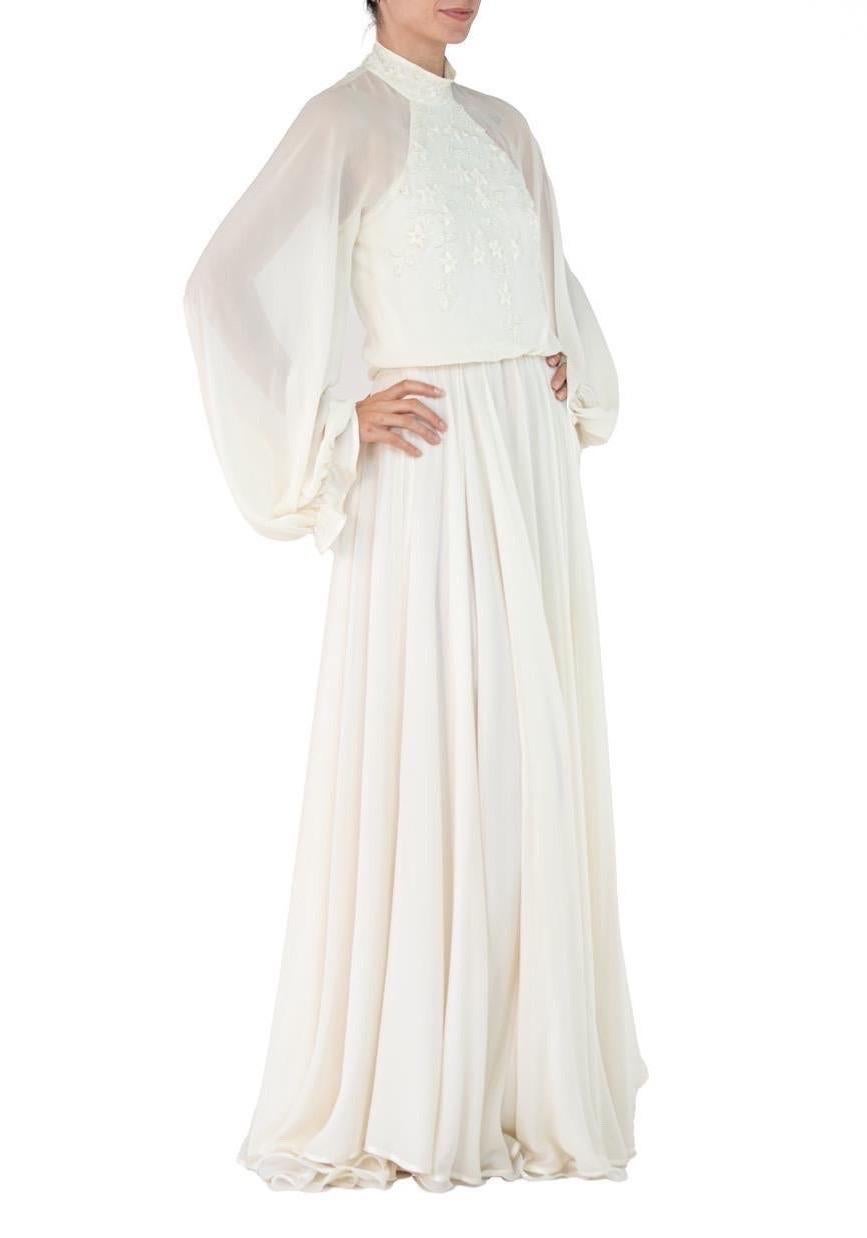 1970S Pearl White Silk Chiffon Couture Detailed & Beaded Gown With Blousy Sleev For Sale 2