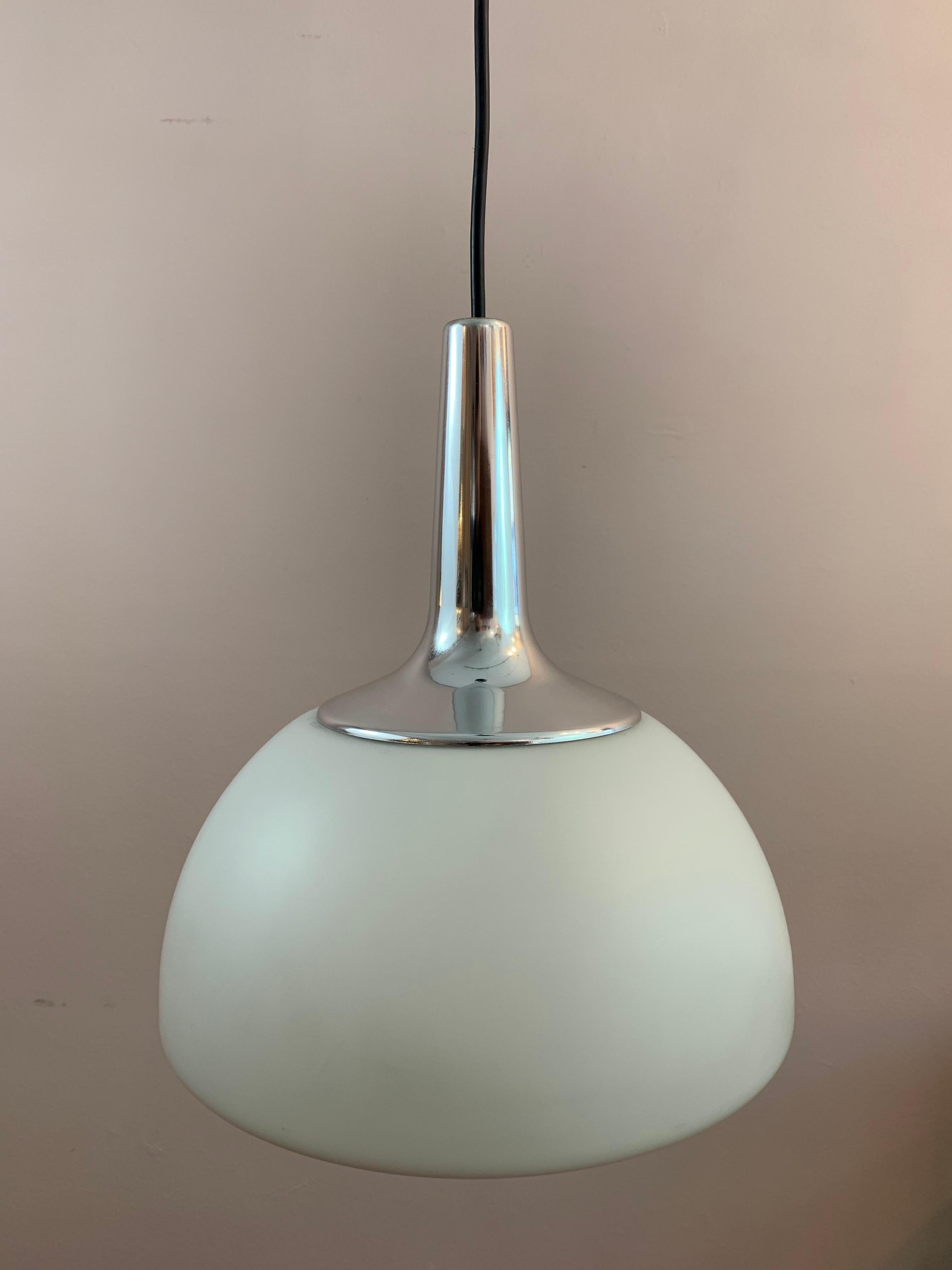 1970s German Peill & Putzler Opaline & Chrome Pendant Hanging Ceiling Light For Sale 5