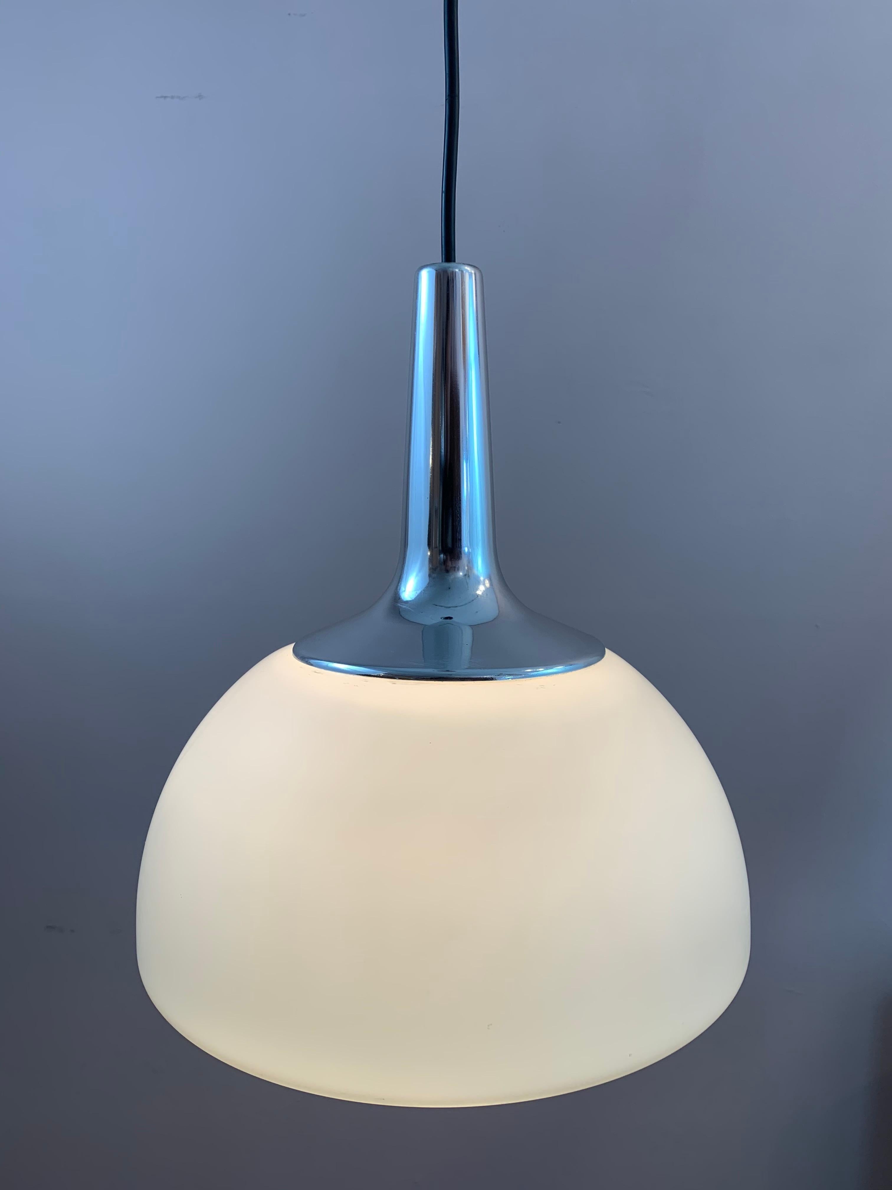 1970s German Peill & Putzler Opaline & Chrome Pendant Hanging Ceiling Light In Good Condition In London, GB