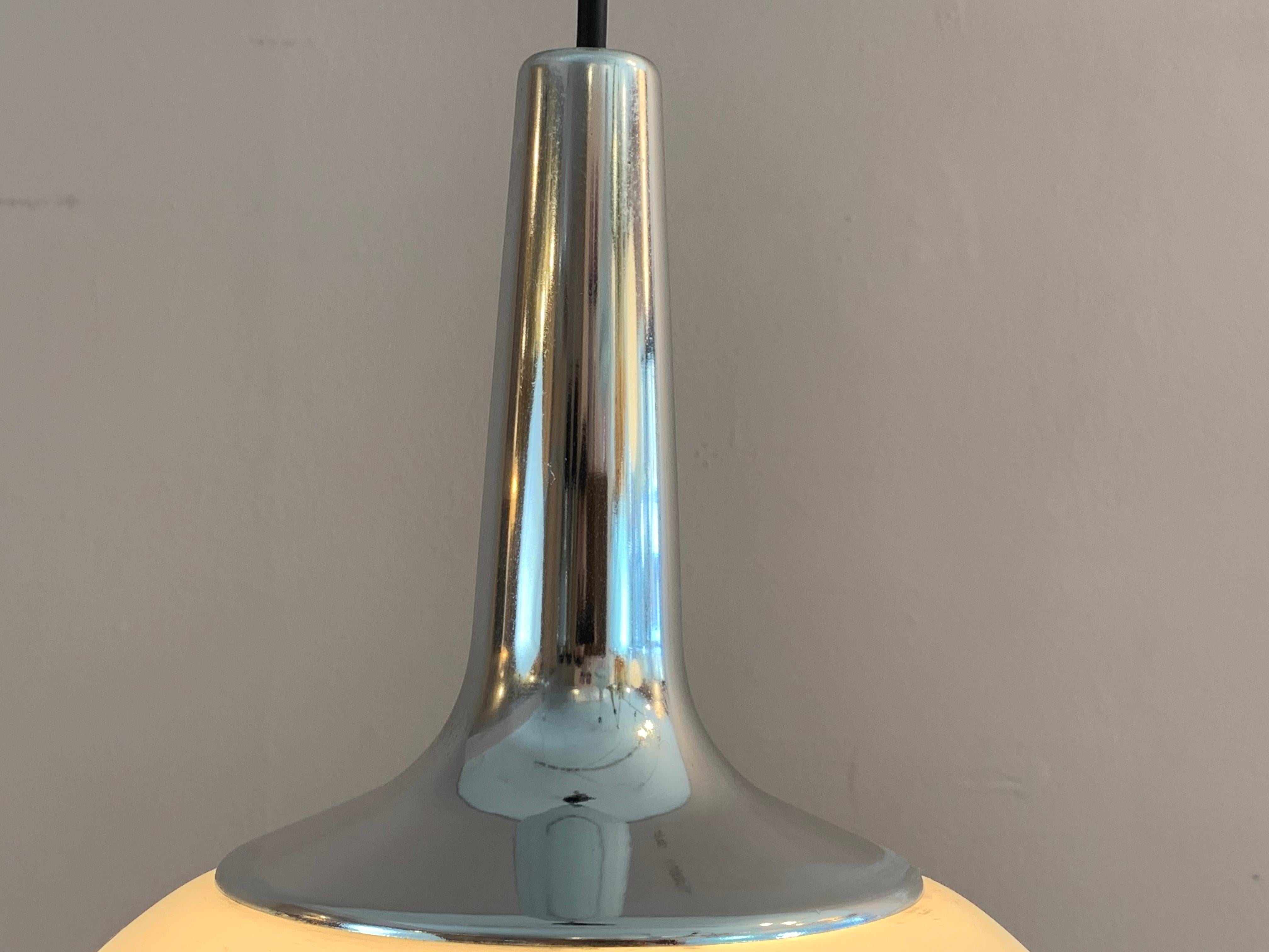 Metal 1970s German Peill & Putzler Opaline & Chrome Pendant Hanging Ceiling Light For Sale