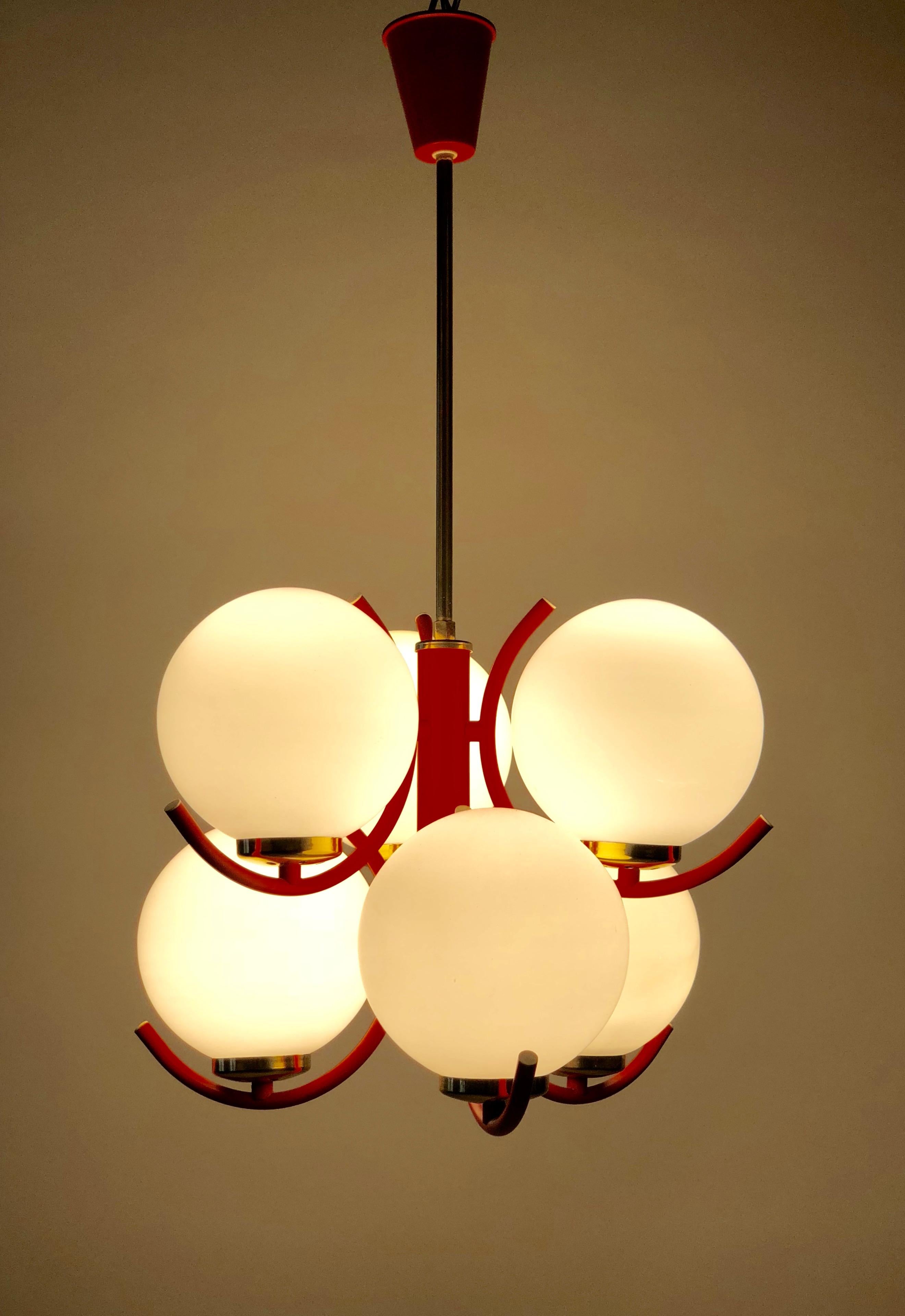 1970s Pendant Lamp in Coral Color with 6 Mat Opaline Globes For Sale 1