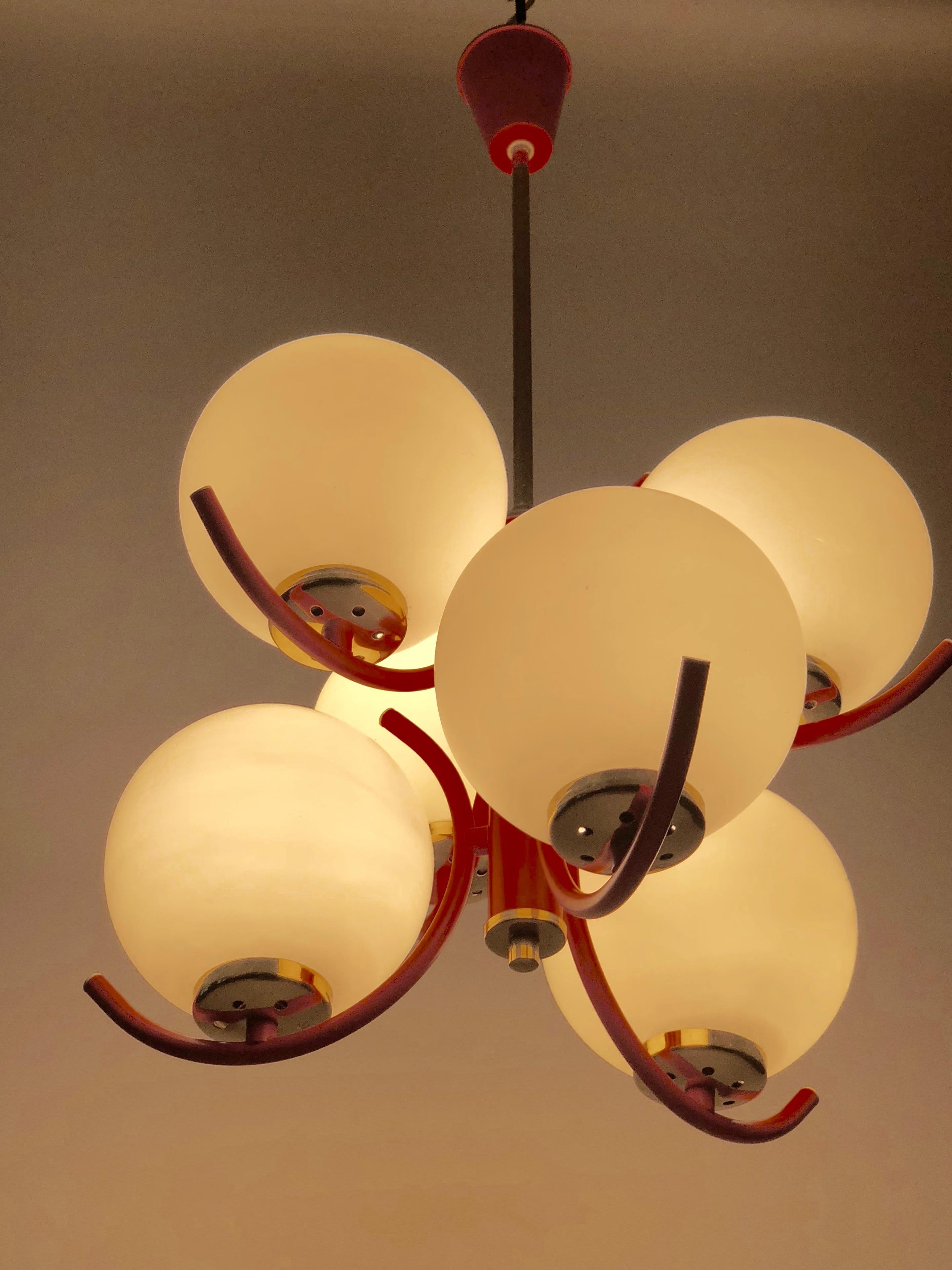 1970s Pendant Lamp in Coral Color with 6 Mat Opaline Globes For Sale 2