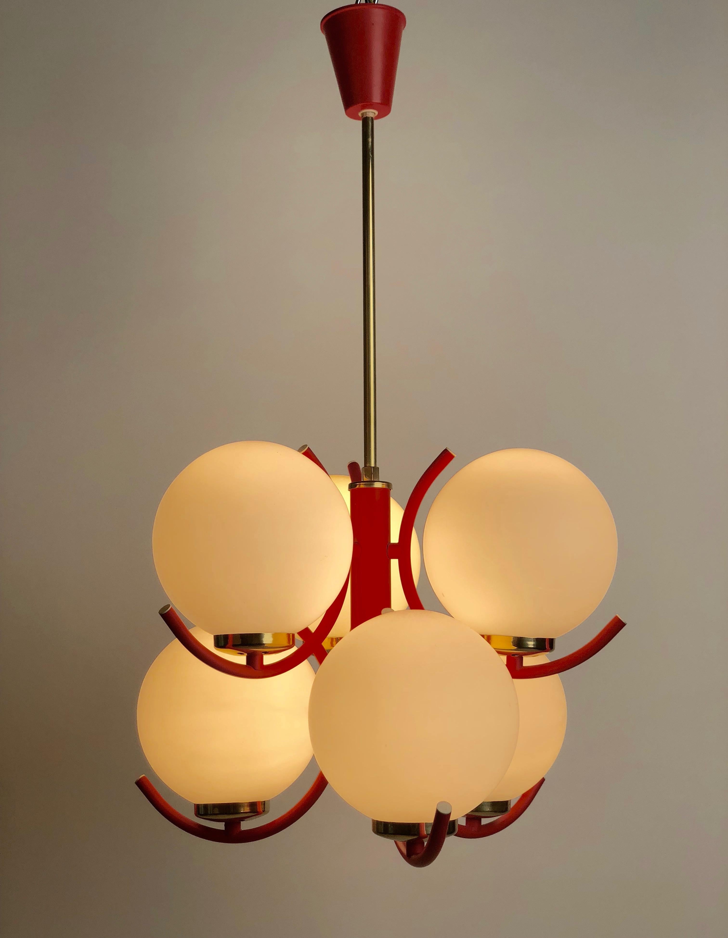 1970s Pendant Lamp in Coral Color with 6 Mat Opaline Globes For Sale 3