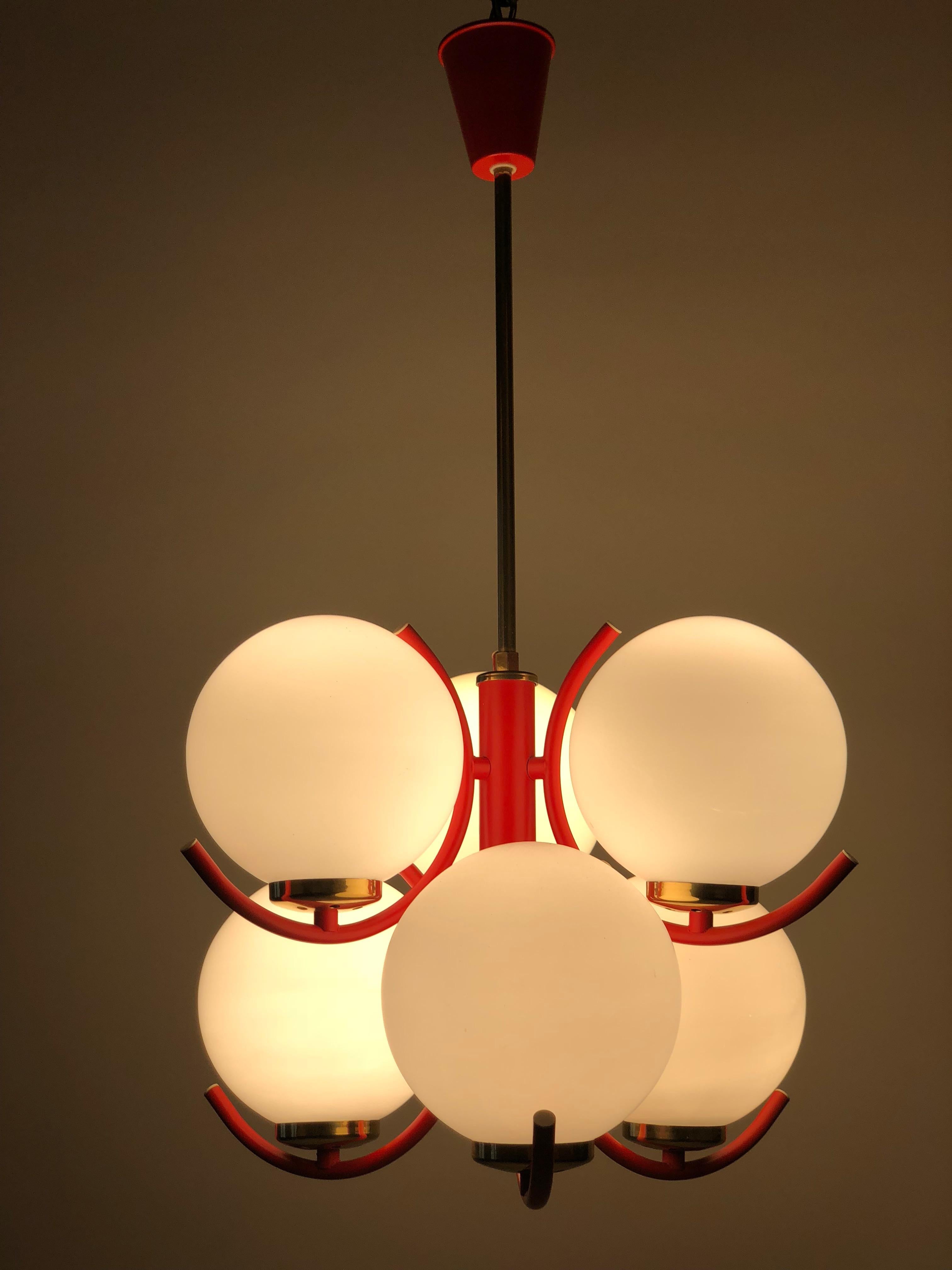 1970s Pendant Lamp in Coral Color with 6 Mat Opaline Globes For Sale 4
