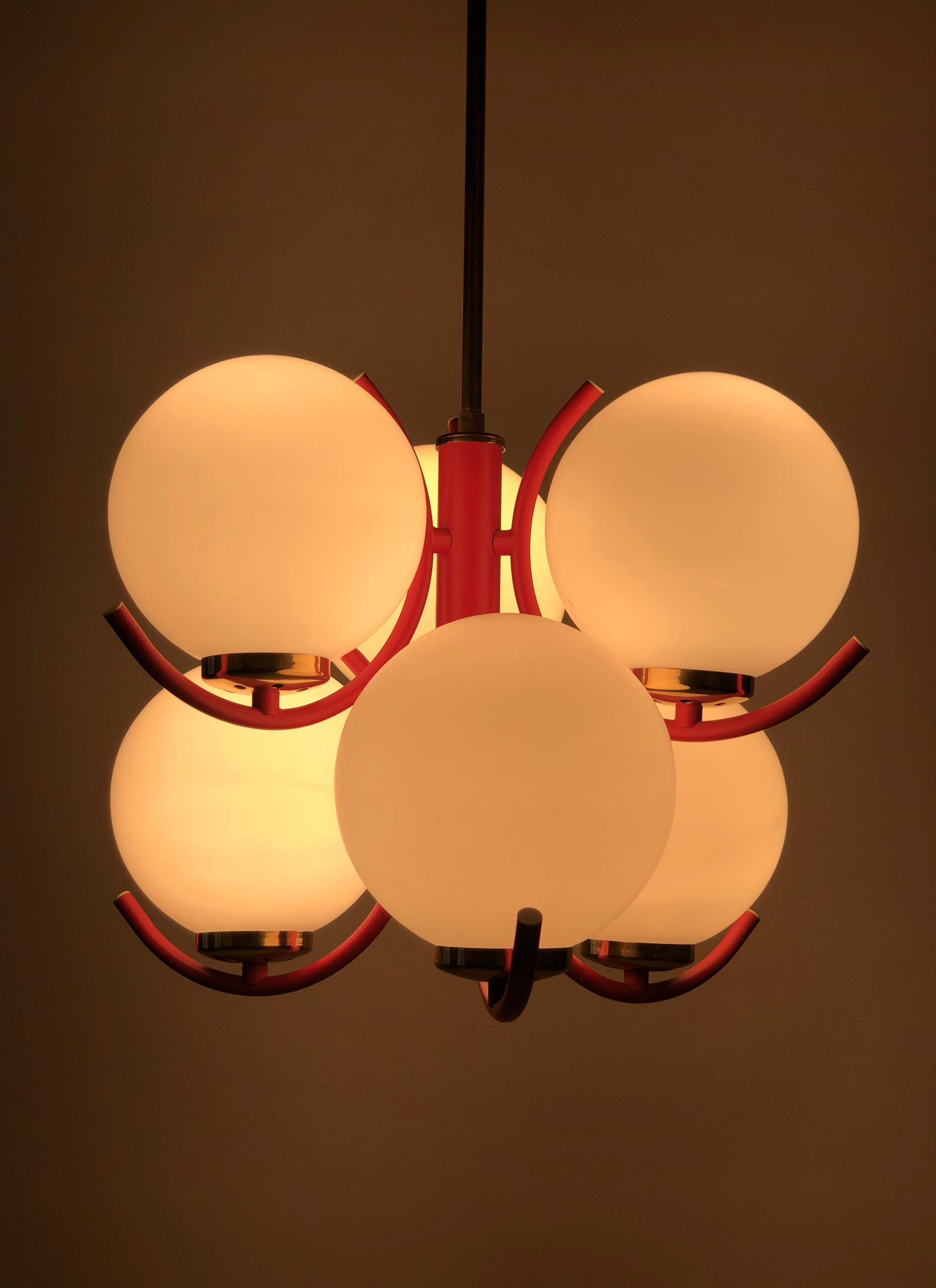 1970s Pendant Lamp in Coral Color with 6 Mat Opaline Globes For Sale 5