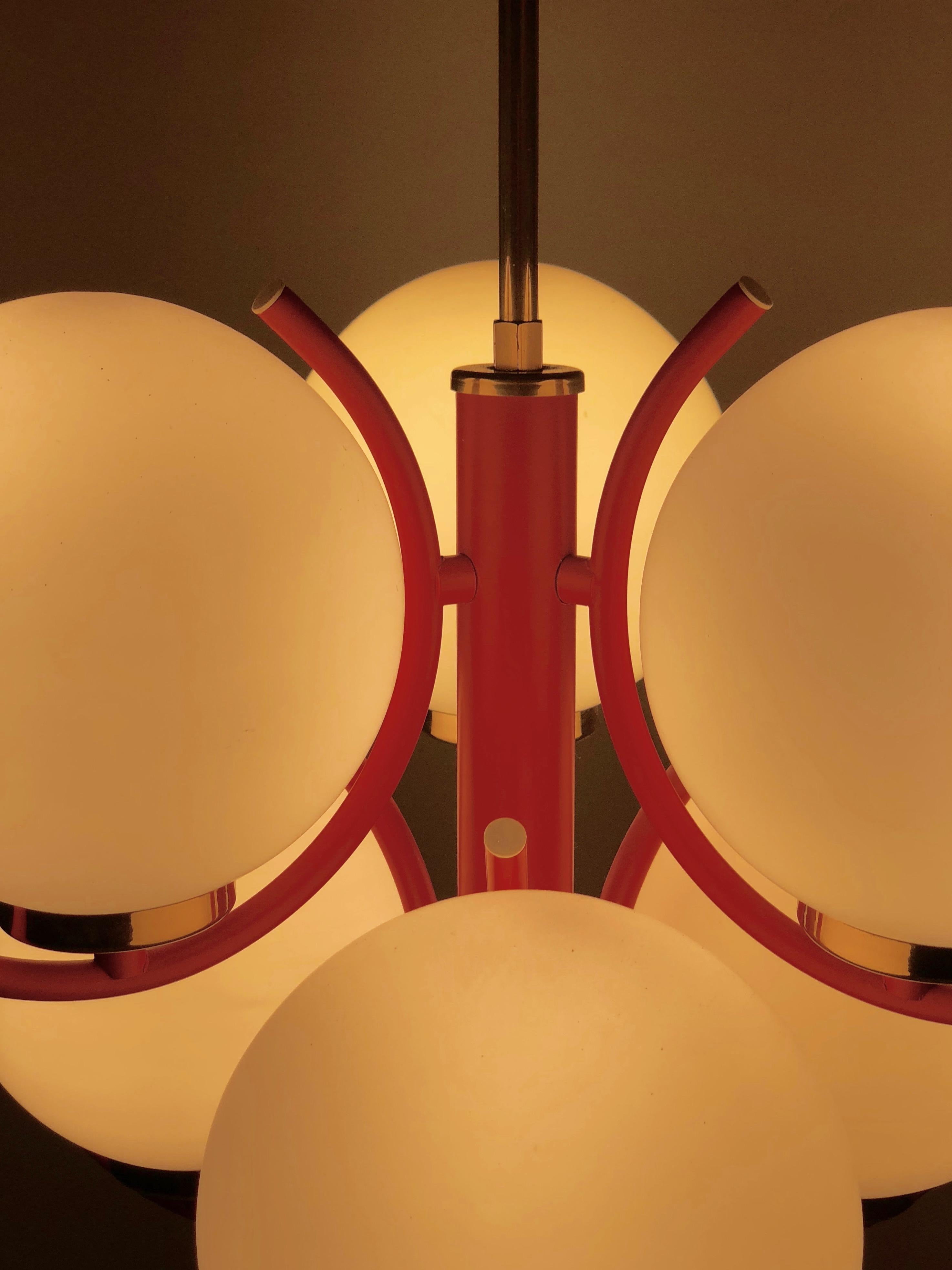 1970s Pendant Lamp in Coral Color with 6 Mat Opaline Globes For Sale 6