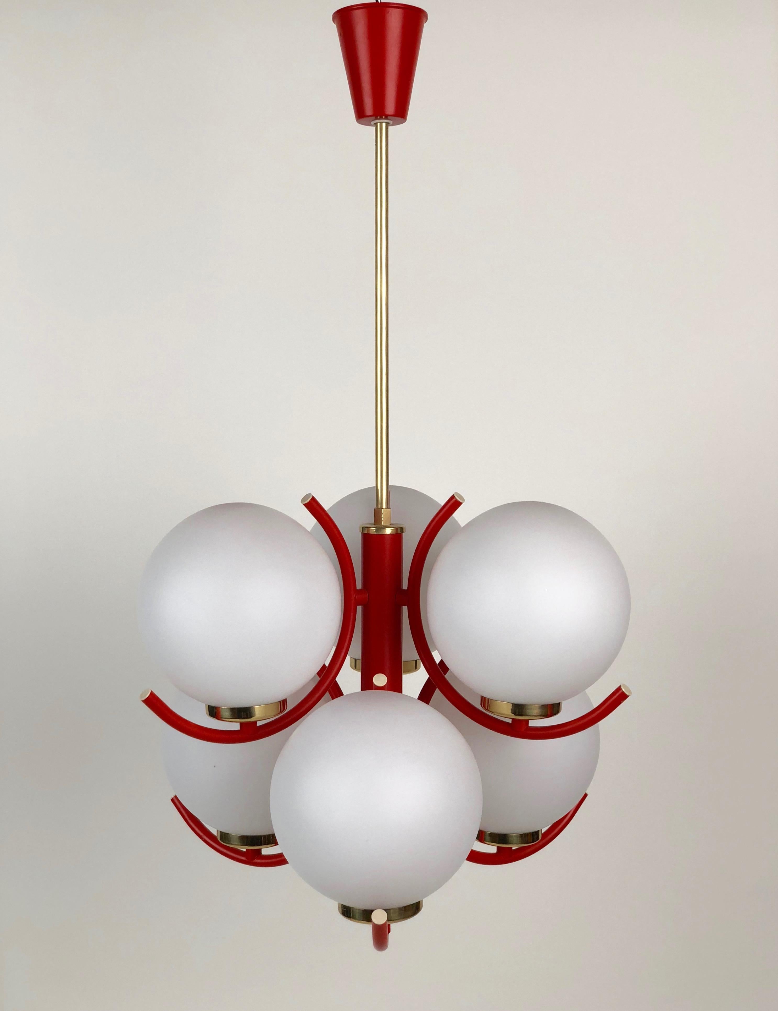 Modern 1970s Pendant Lamp in Coral Color with 6 Mat Opaline Globes For Sale