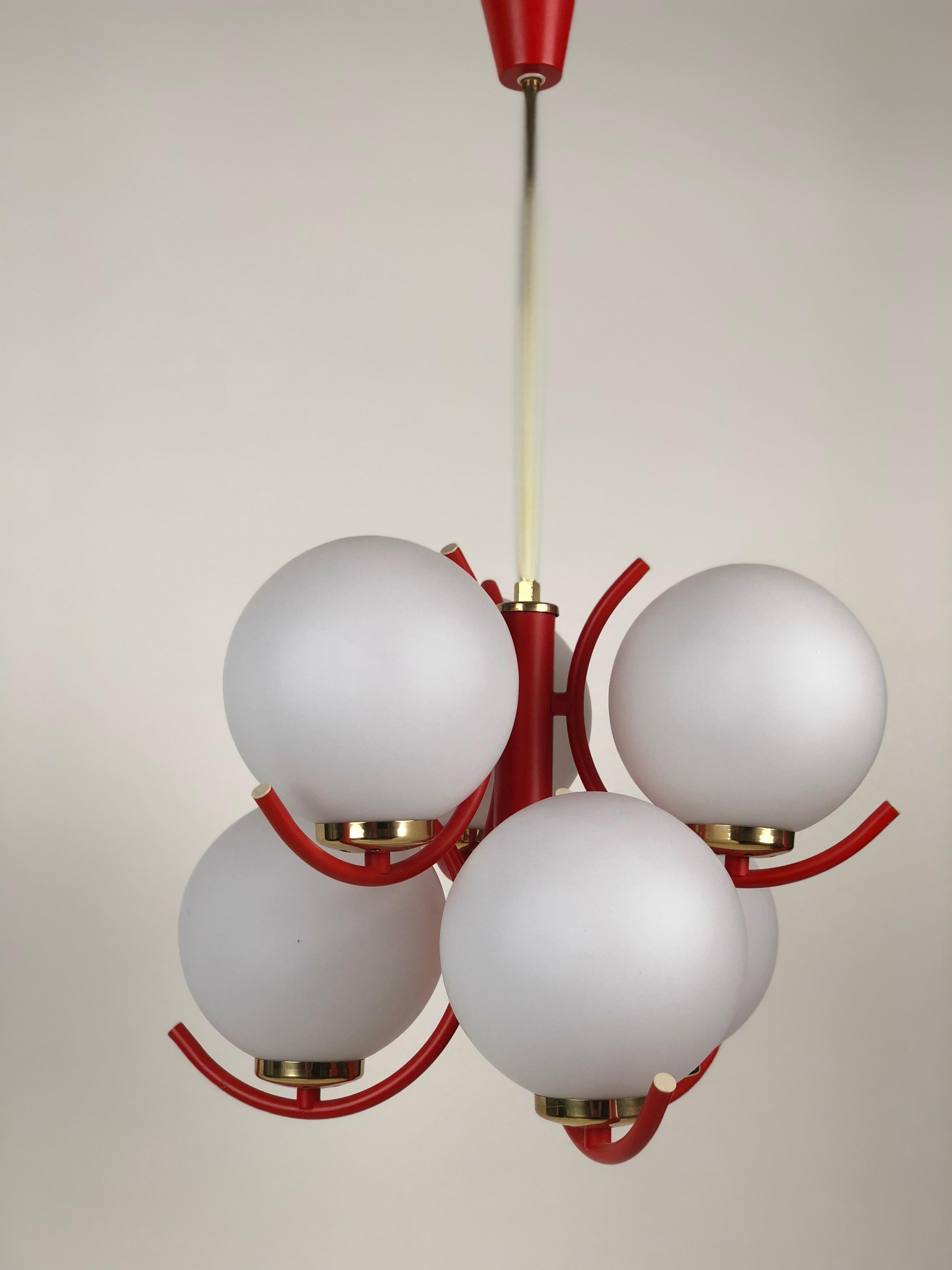 Austrian 1970s Pendant Lamp in Coral Color with 6 Mat Opaline Globes For Sale