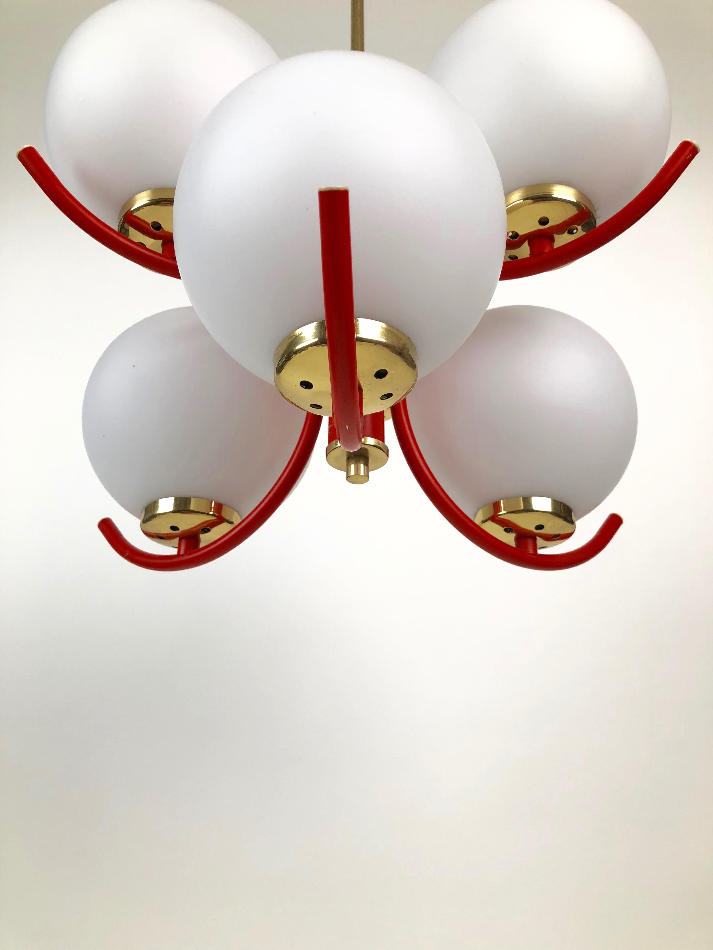 Enameled 1970s Pendant Lamp in Coral Color with 6 Mat Opaline Globes For Sale