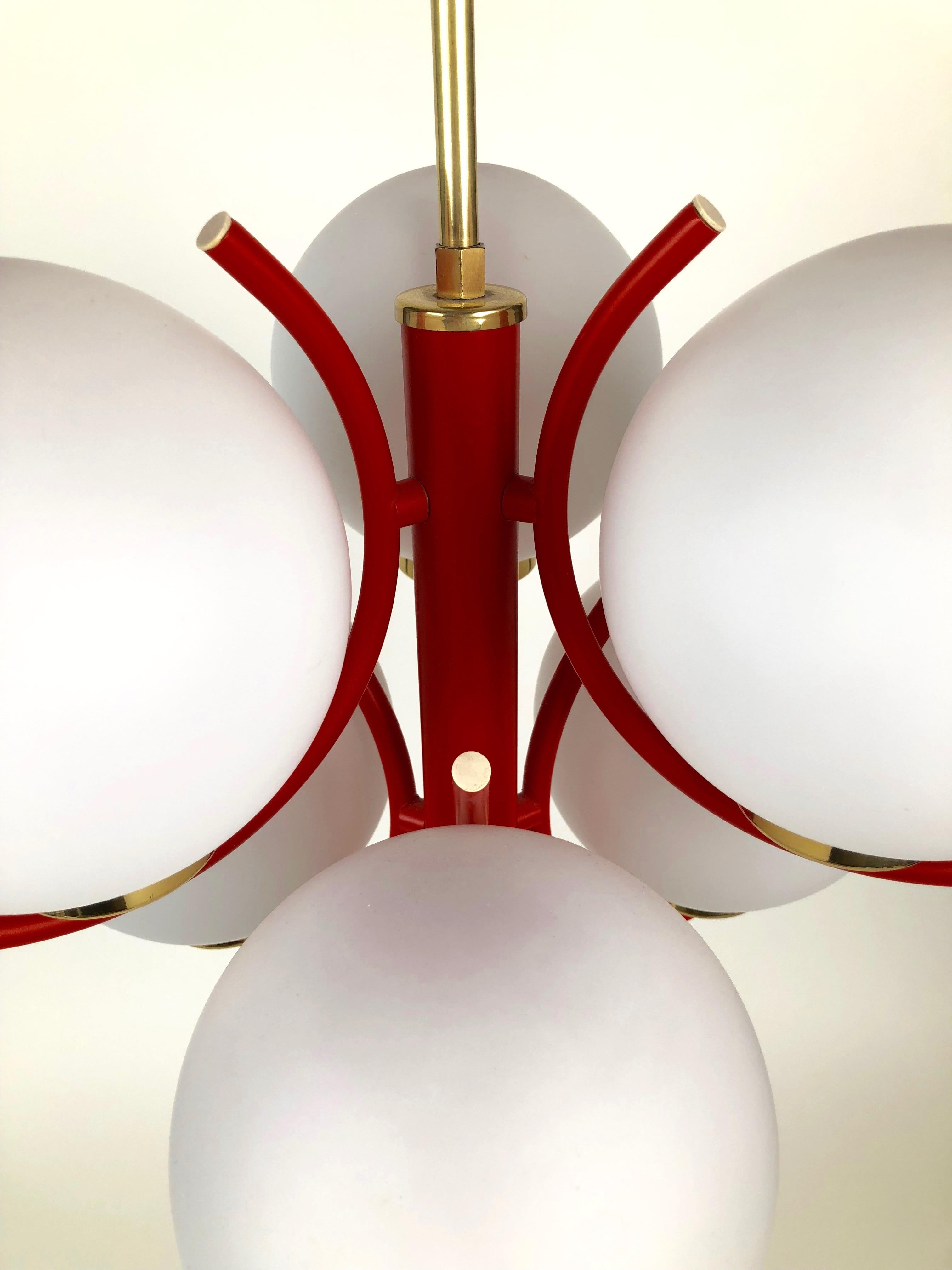 1970s Pendant Lamp in Coral Color with 6 Mat Opaline Globes In Good Condition For Sale In Vienna, Austria