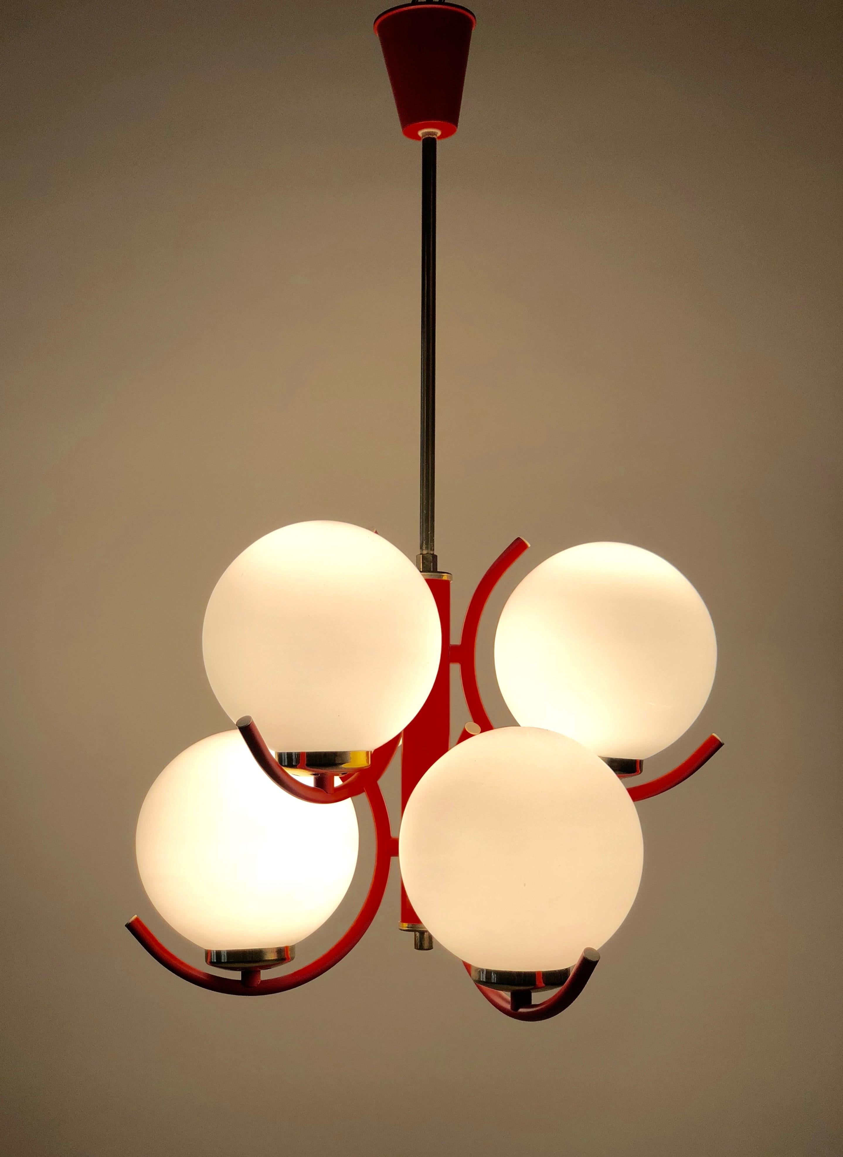 Metal 1970s Pendant Lamp in Coral Color with 6 Mat Opaline Globes For Sale