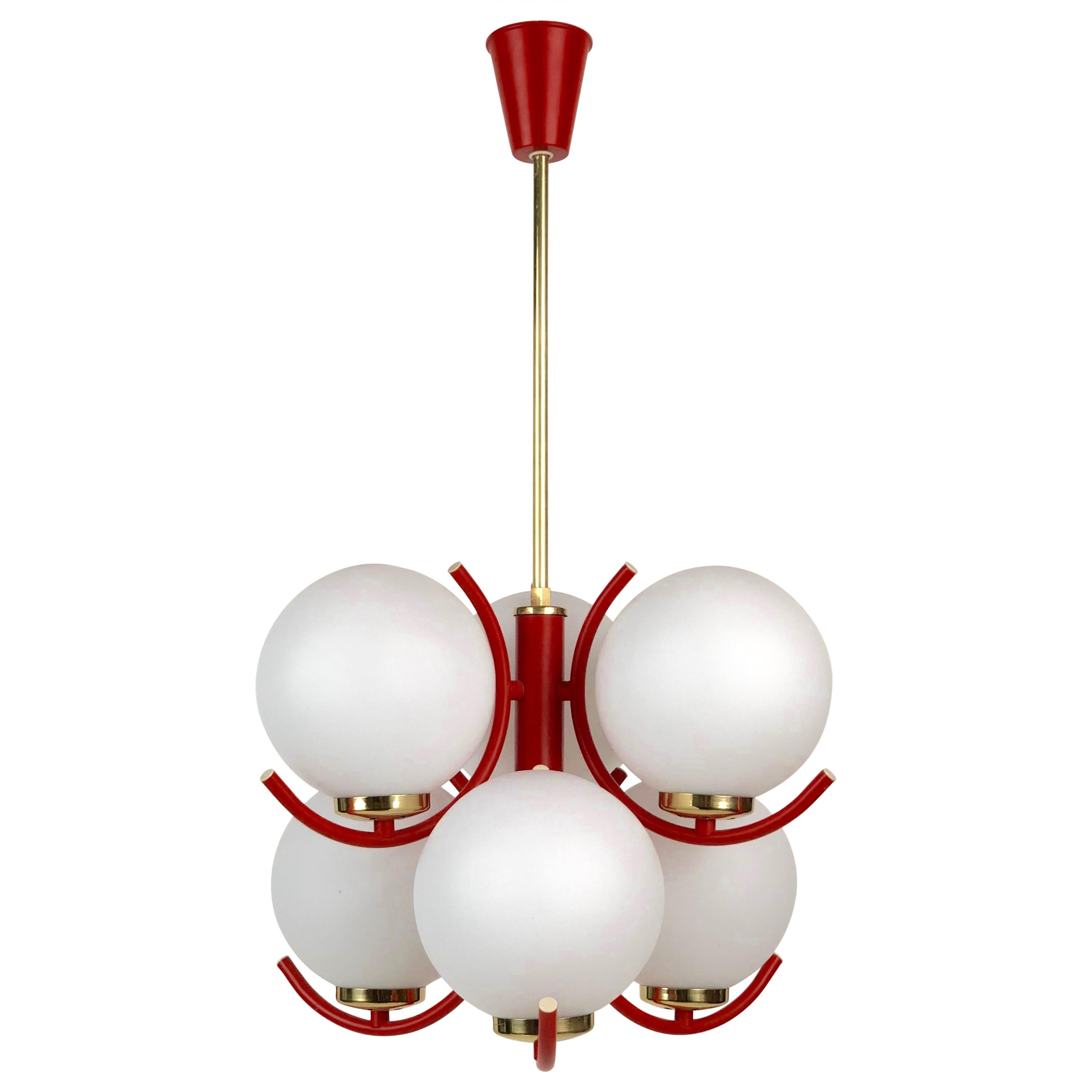 1970s Pendant Lamp in Coral Color with 6 Mat Opaline Globes For Sale