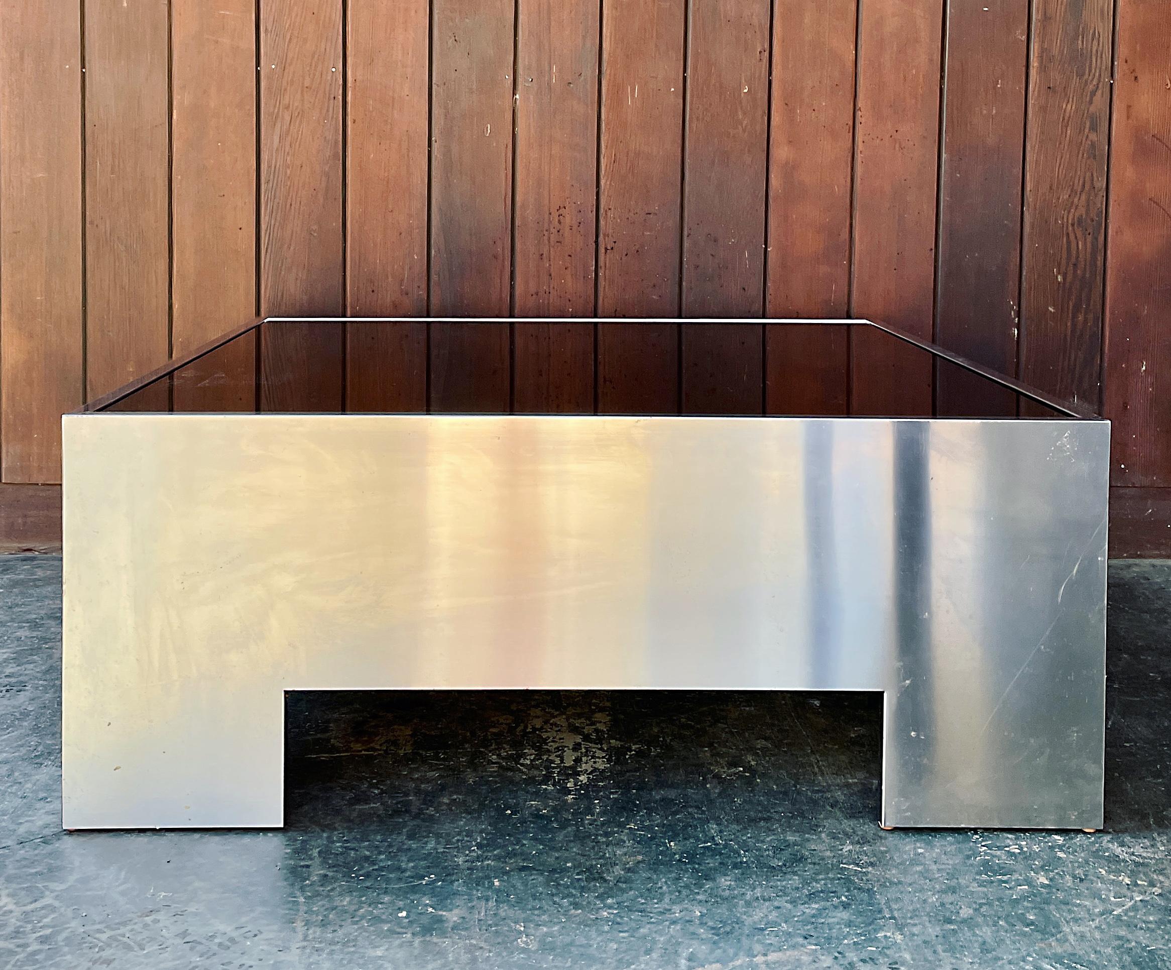Post-Modern 1970s Penthouse Smoked Glass + Polished Steel Panelled Coffee Table For Sale
