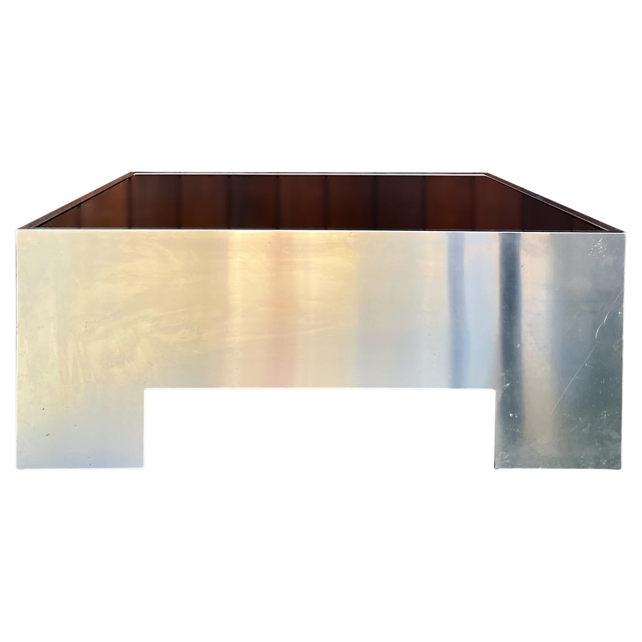 1970s Penthouse Smoked Glass + Polished Steel Panelled Coffee Table For Sale