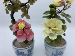 1970s Peony Jade Tree Sculptures in Blue and White Cachepots, Pair
