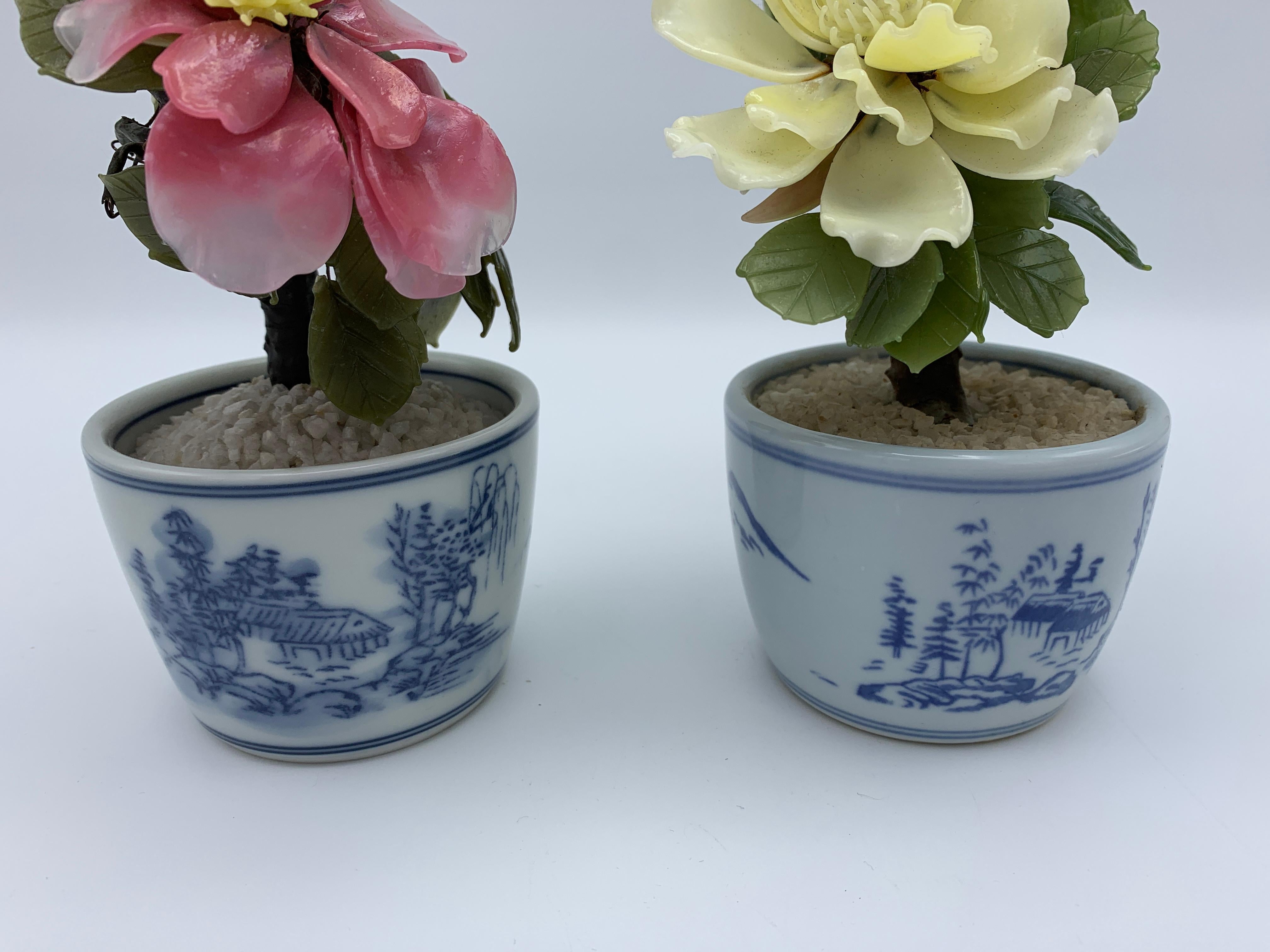 1970s Peony Jade Tree Sculptures in Blue and White Cachepots, Pair In Good Condition For Sale In Richmond, VA