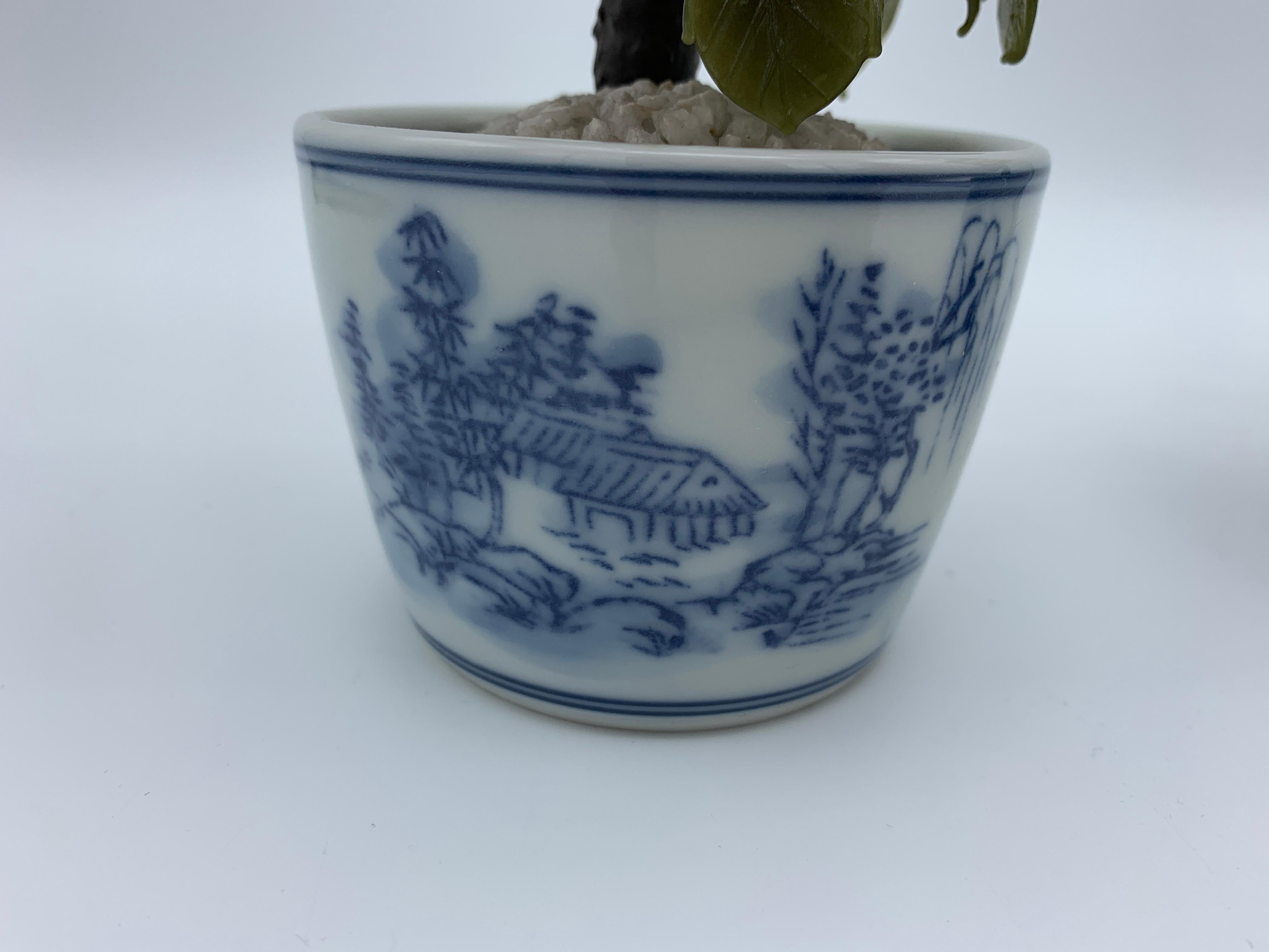 20th Century 1970s Peony Jade Tree Sculptures in Blue and White Cachepots, Pair For Sale