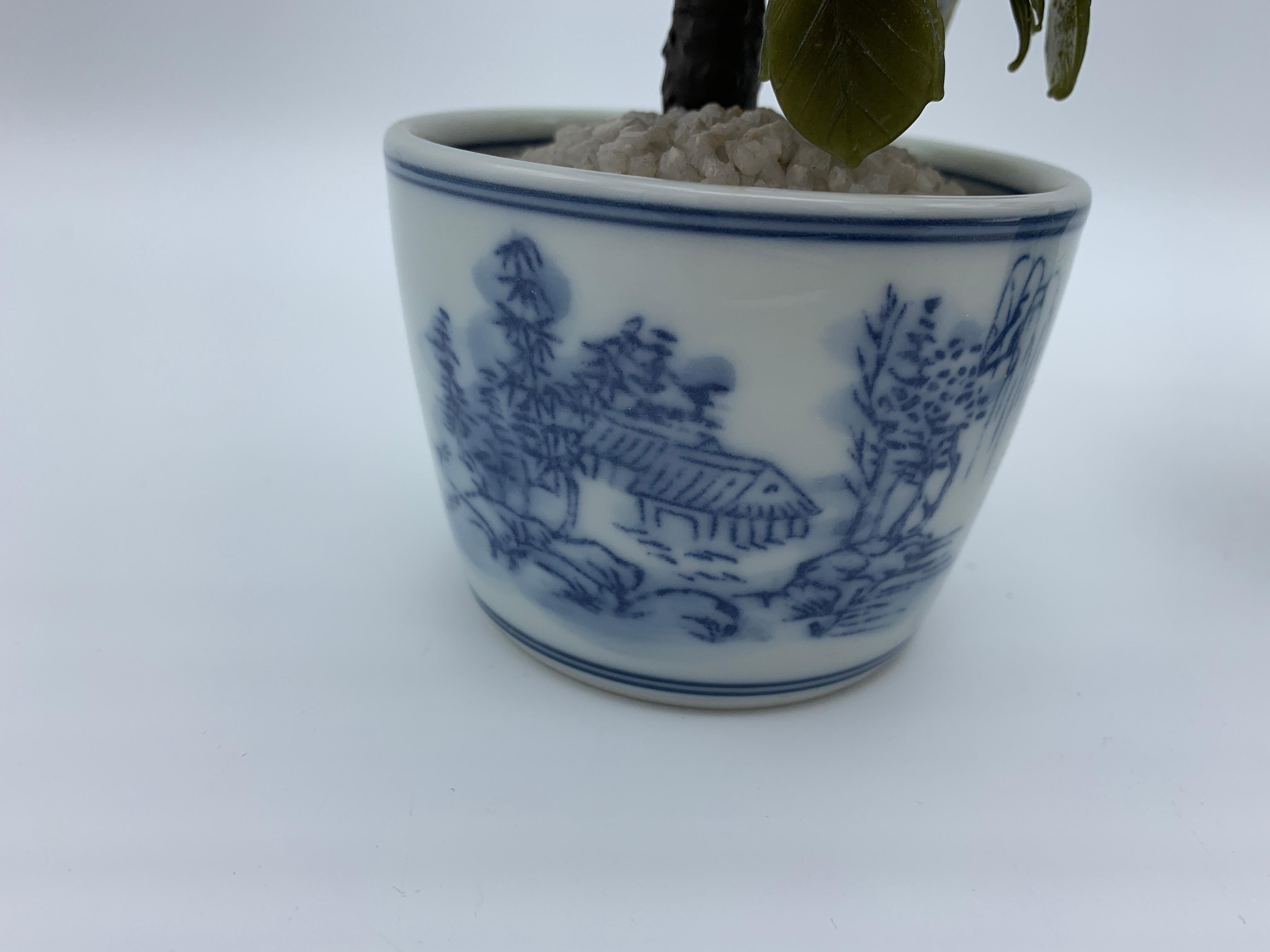 1970s Peony Jade Tree Sculptures in Blue and White Cachepots, Pair For Sale 3