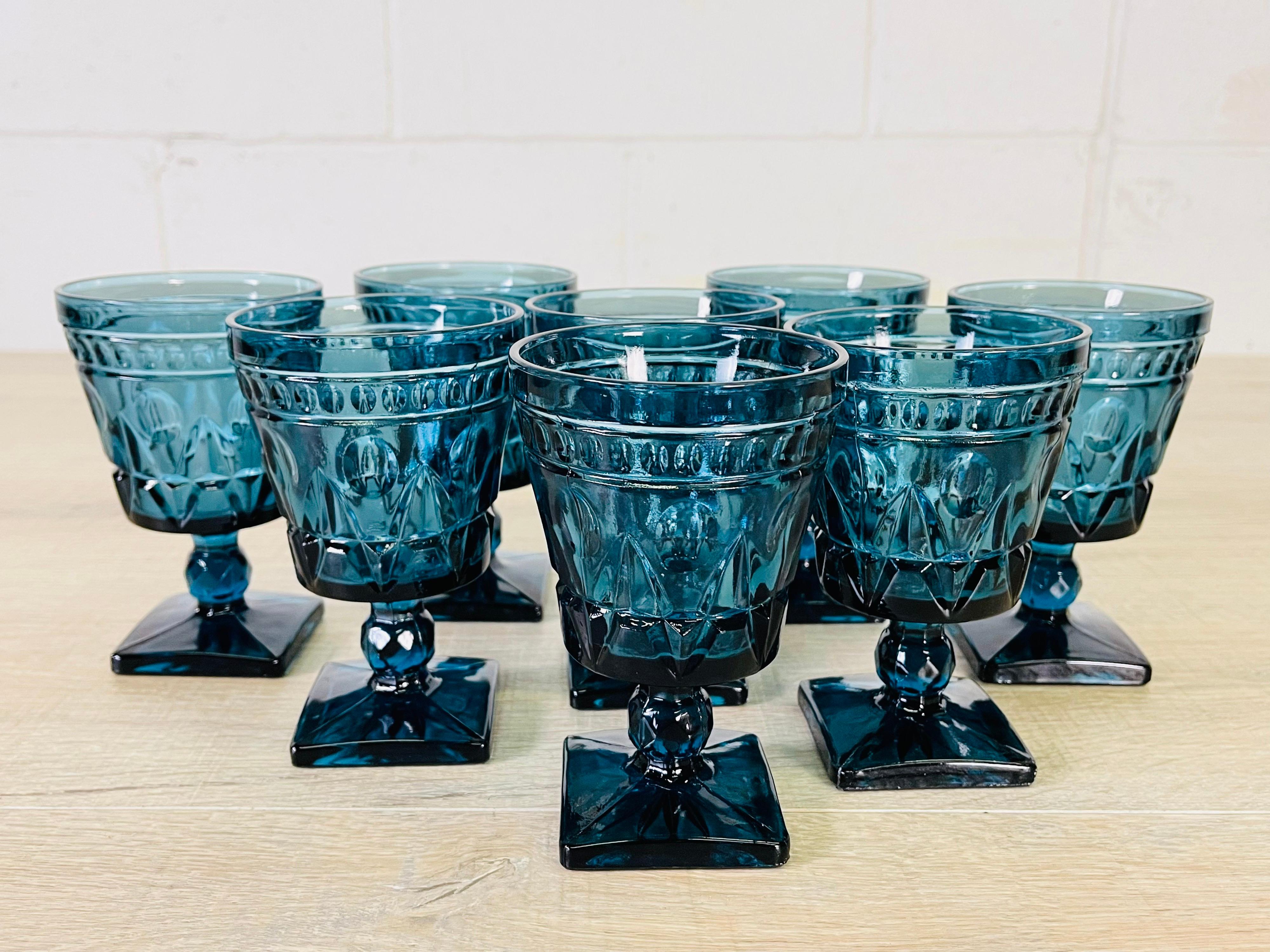 Mid-Century Modern 1970s Periwinkle Blue Glass Goblets, Set of 8