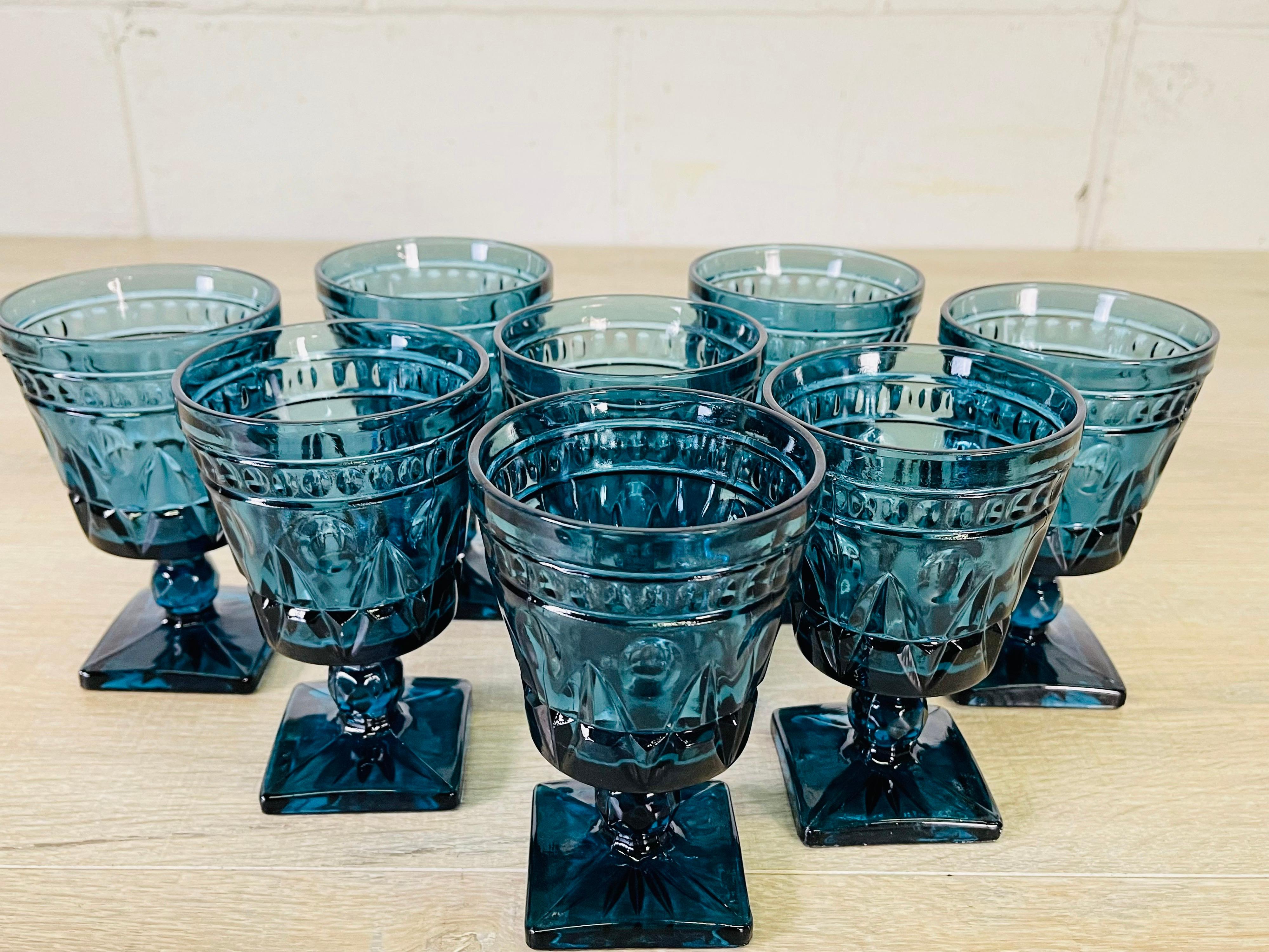 1970s Periwinkle Blue Glass Goblets, Set of 8 In Good Condition In Amherst, NH