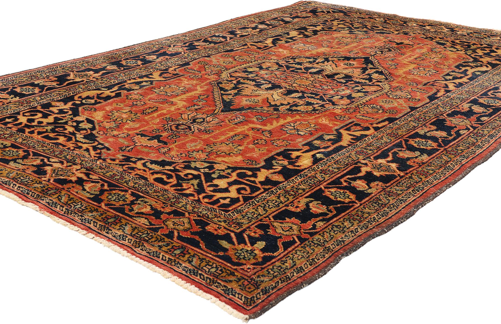 79085 Vintage Persian Heriz Rug, 05'04 x 08'03. This exquisite hand-knotted wool vintage Persian Heriz rug is a striking example of traditional craftsmanship, showcasing the artistry and symbolic depth for which Heriz rugs are renowned. The Persian