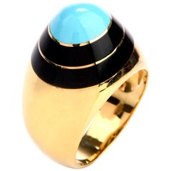 Vintage 1970s Persian Turquoise Black Enameled 18 Karat Yellow Gold Ring