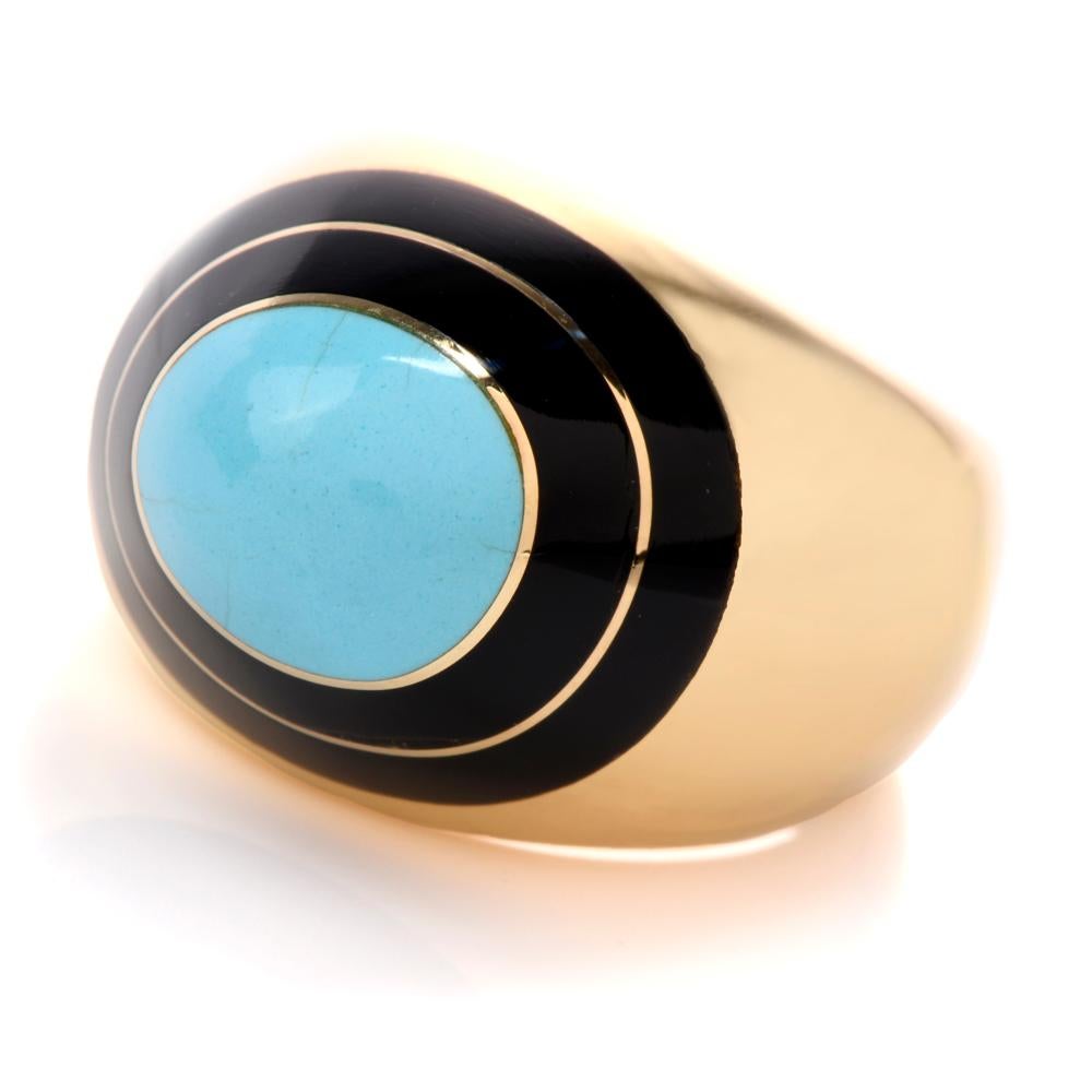 This sophisticated 1970's persian turquoise ring is crafted in solid 18-karat yellow gold, weighing 13.4 grams and measuring 15mm x 11mm. Centered with one bezel-set oval turquoise contrasted by two rings of black enamel. Currently a US size 7.25
