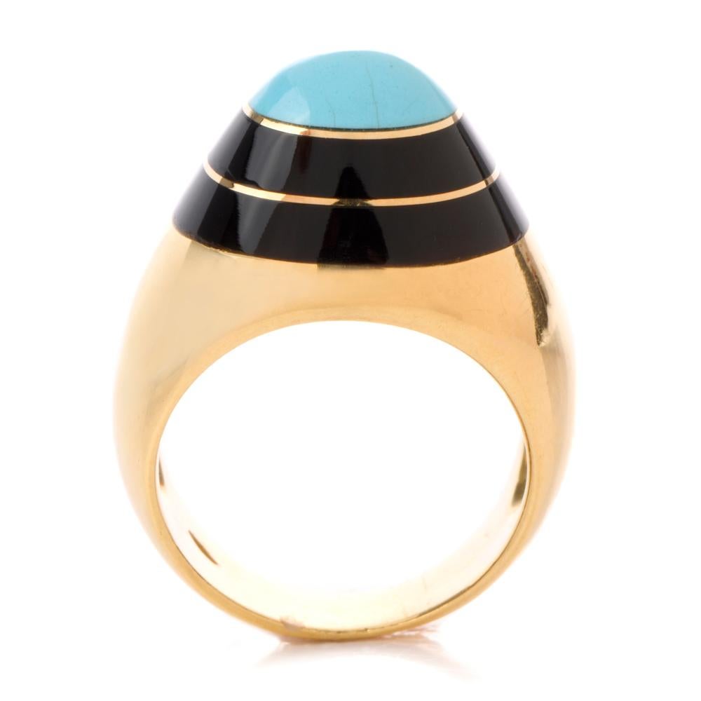 1970s Persian Turquoise Black Enameled 18 Karat Yellow Gold Ring In Excellent Condition In Miami, FL