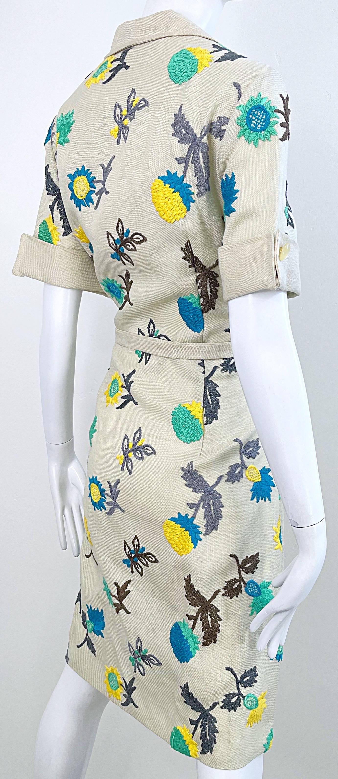 1970s Peter Stevens Irish Linen Embroidered Khaki Vintage 70s Shirt Dress For Sale 4