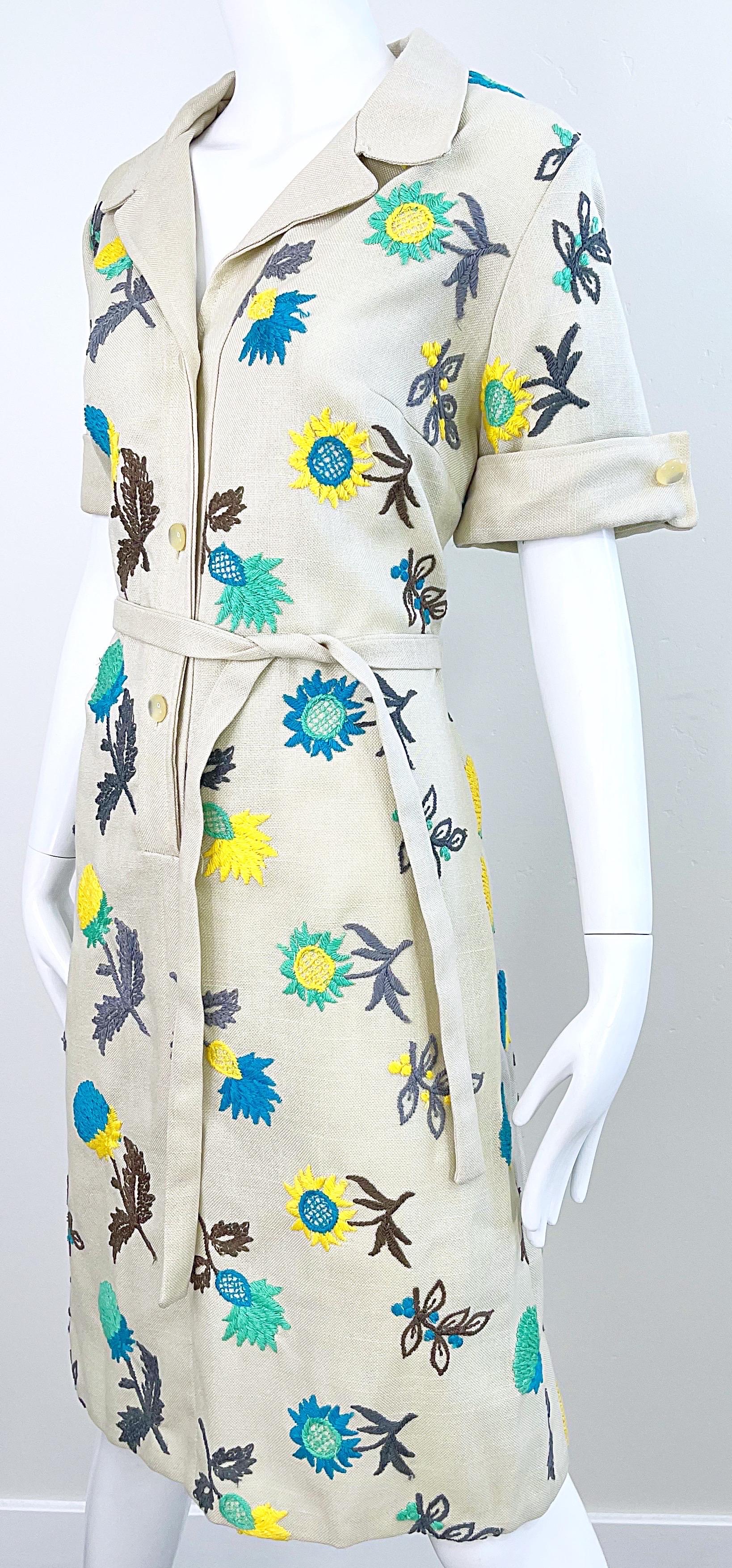 1970s Peter Stevens Lino Irlandés Bordado Caqui Vintage 70s Vestido Camisero en venta 7
