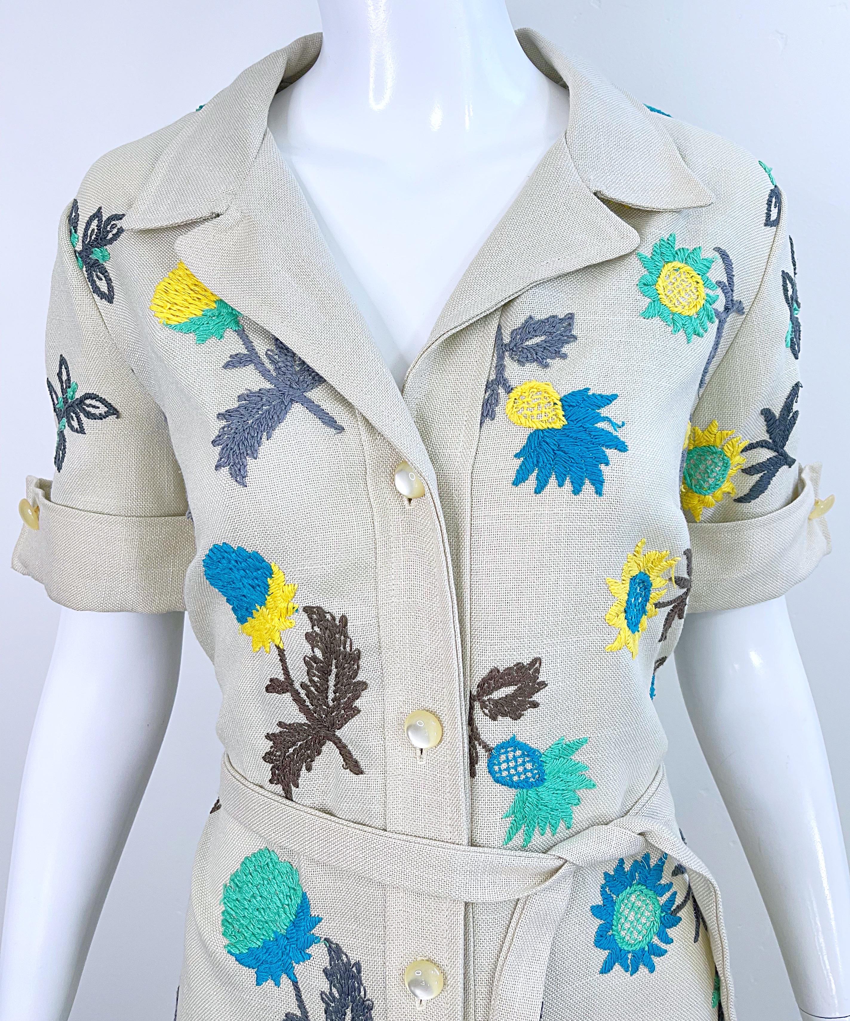 Gray 1970s Peter Stevens Irish Linen Embroidered Khaki Vintage 70s Shirt Dress For Sale