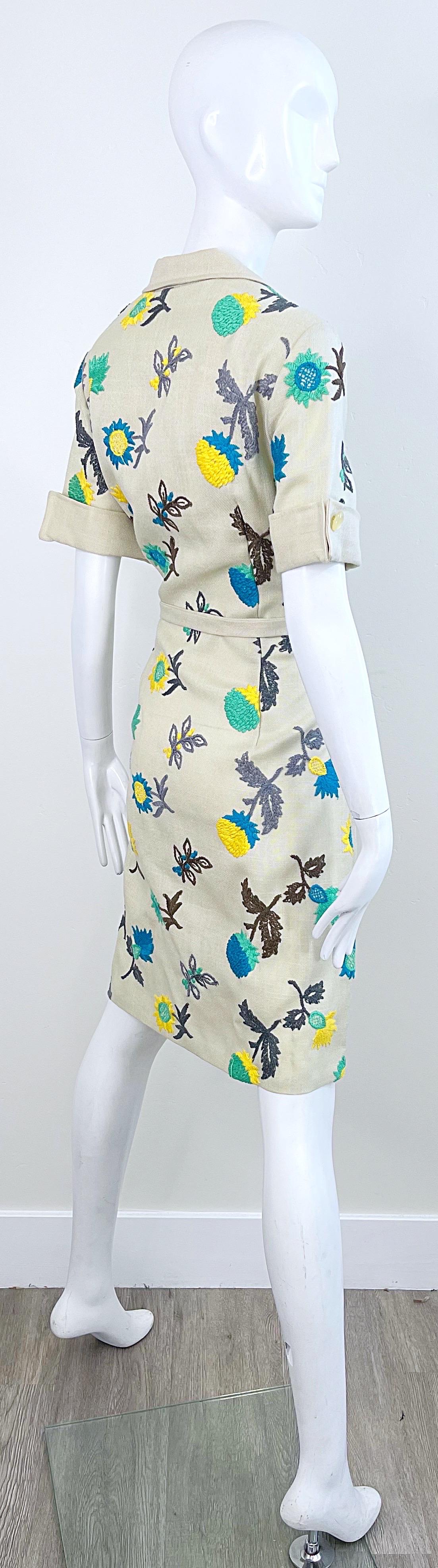 1970s Peter Stevens Irish Linen Embroidered Khaki Vintage 70s Shirt Dress For Sale 1