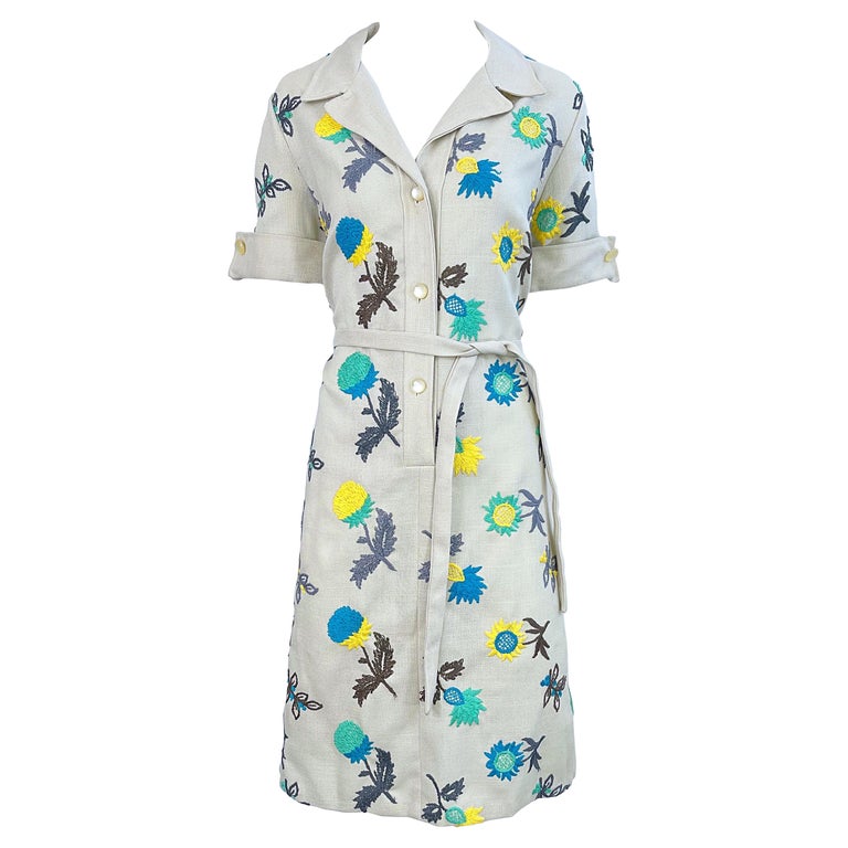 1970s Peter Stevens Irish Linen Embroidered Khaki Vintage 70s Shirt Dress