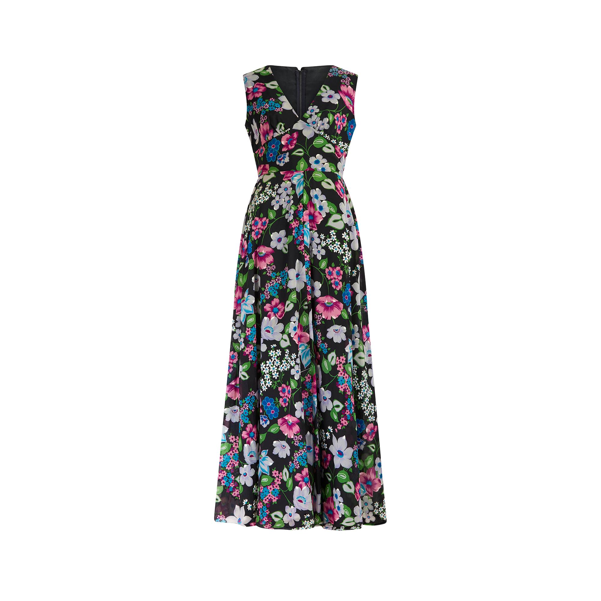 Black 1970s Peterson Maid Georgette Floral Maxi A-Line Dress For Sale