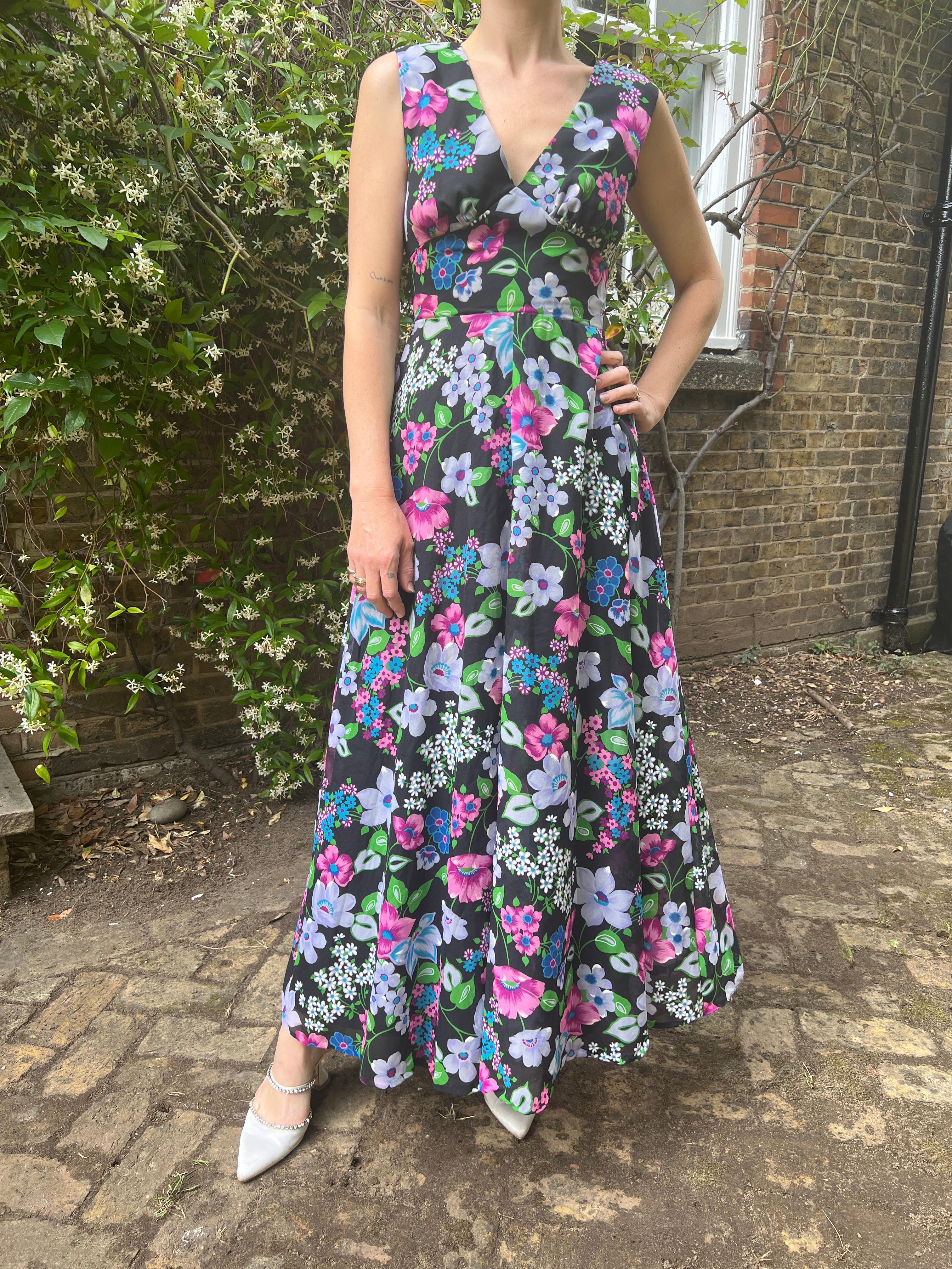 Women's 1970s Peterson Maid Georgette Floral Maxi A-Line Dress For Sale