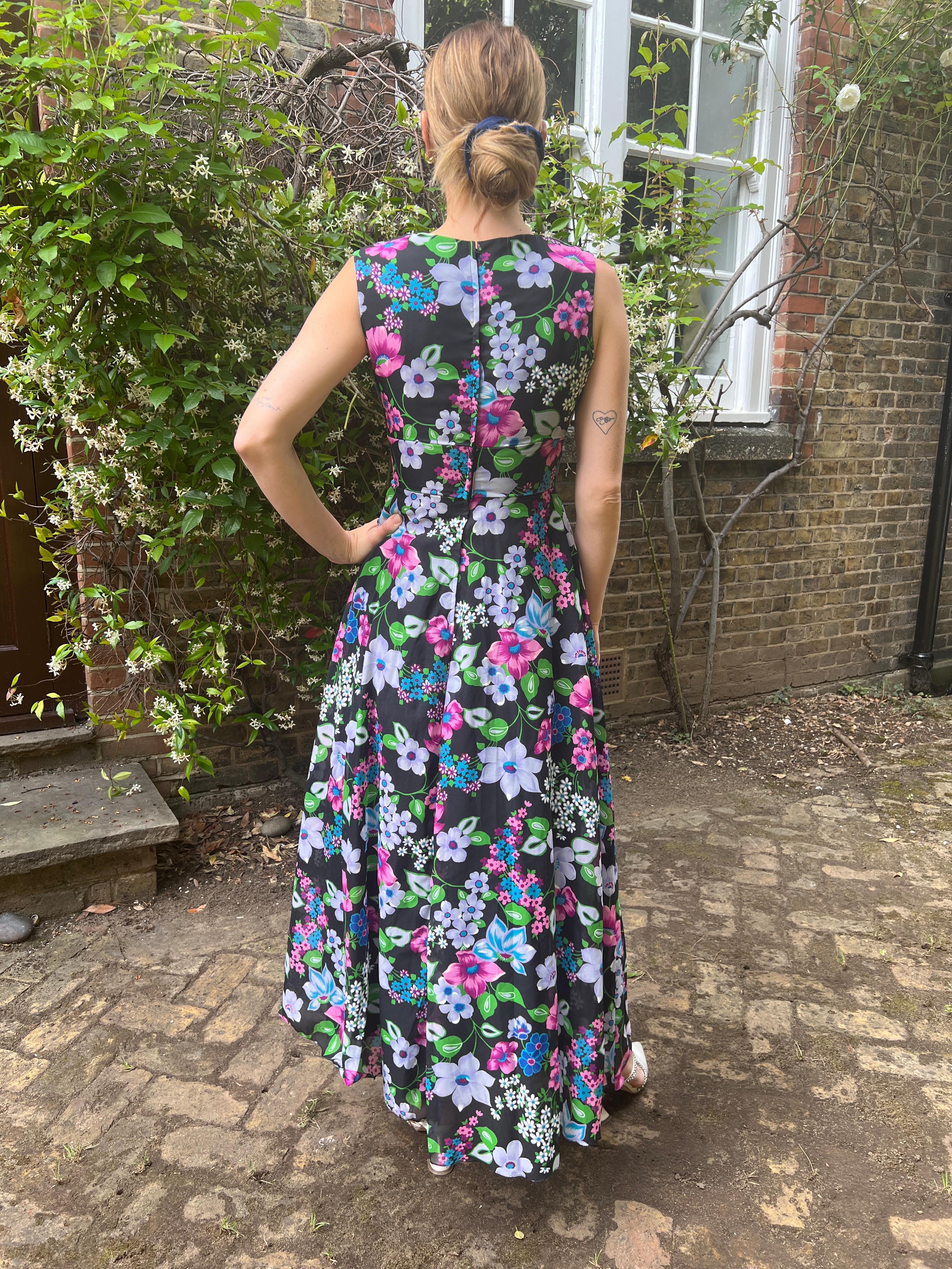 1970s Peterson Maid Georgette Floral Maxi A-Line Dress For Sale 1
