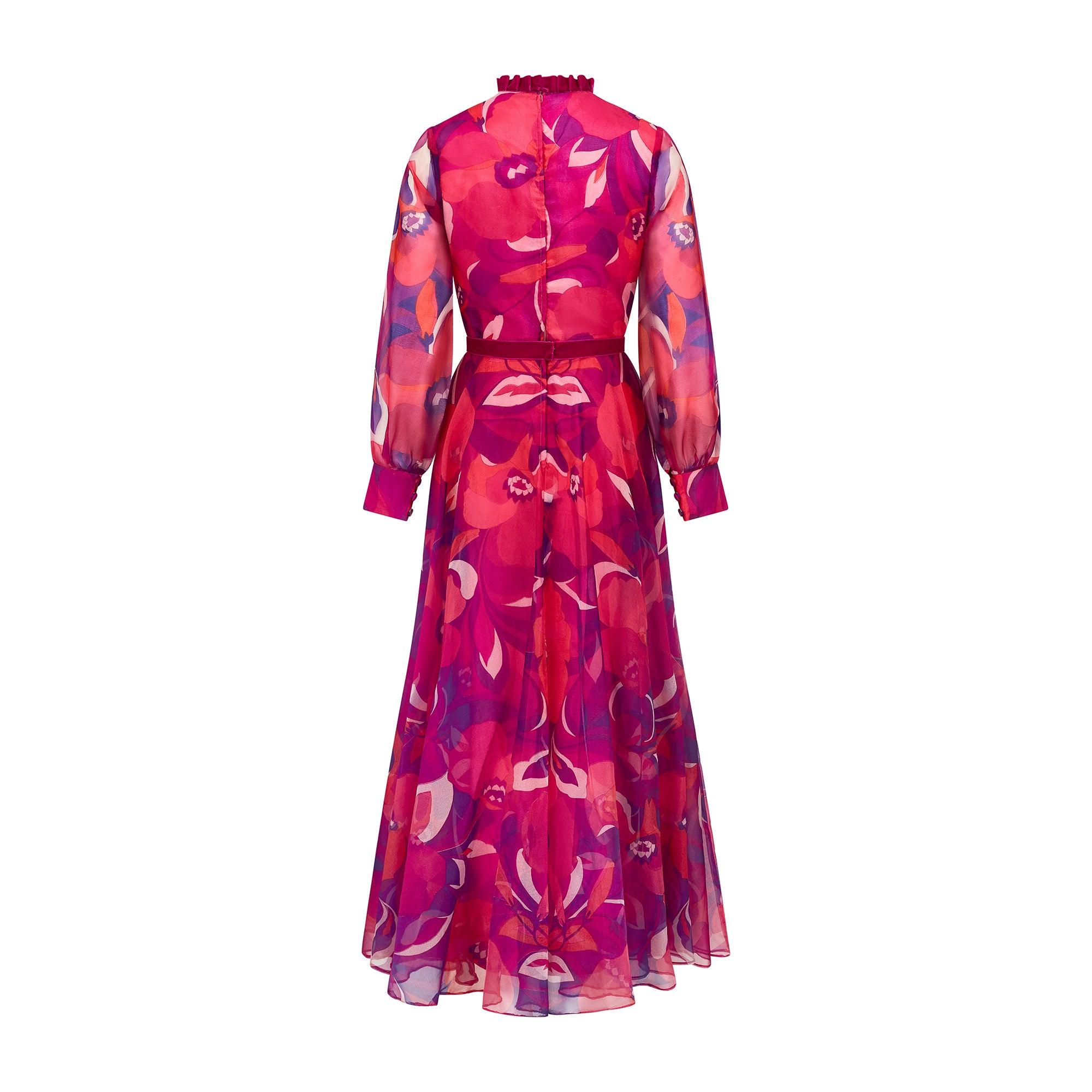 Rosso Maxi abito in organza rosa e viola Peterson Maid degli anni '70 in vendita