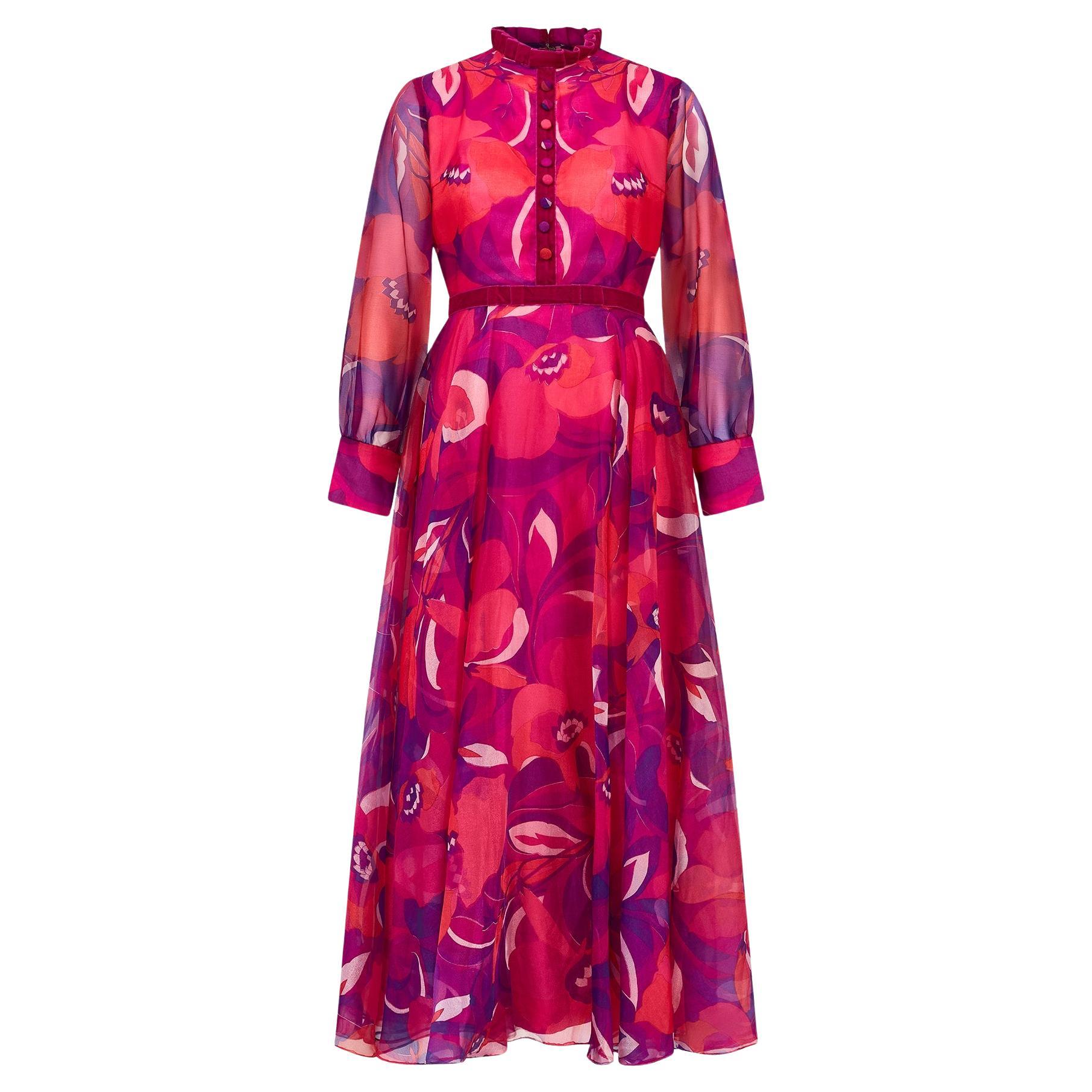 1970er Peterson Maid Rosa und Lila Organza Maxikleid