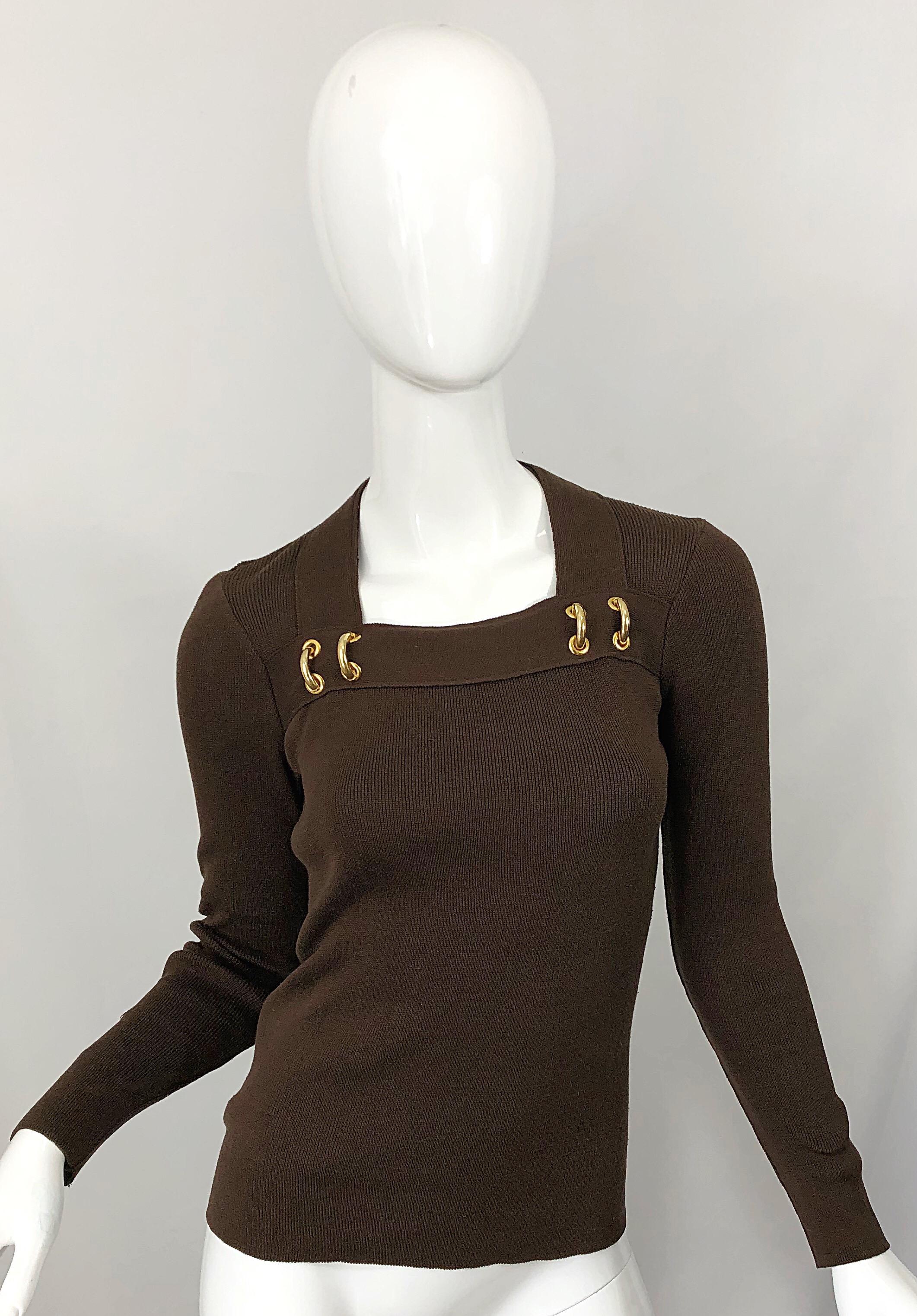 1970s Petite Marmite Chocolate Brown + Gold Rings Long Sleeve Knit Sweater Top For Sale 2