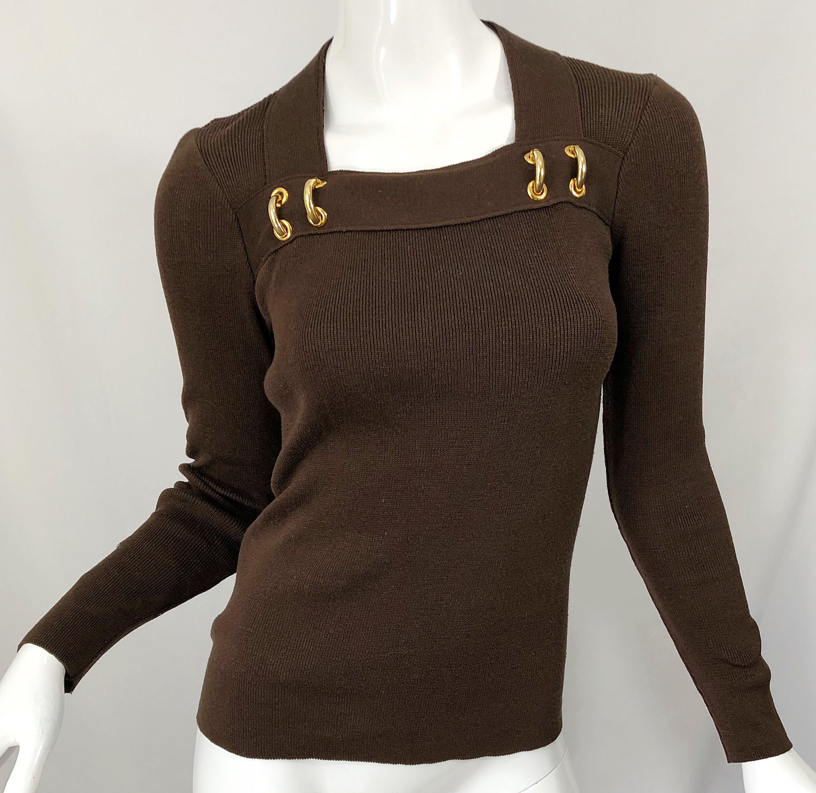 Black 1970s Petite Marmite Chocolate Brown + Gold Rings Long Sleeve Knit Sweater Top For Sale