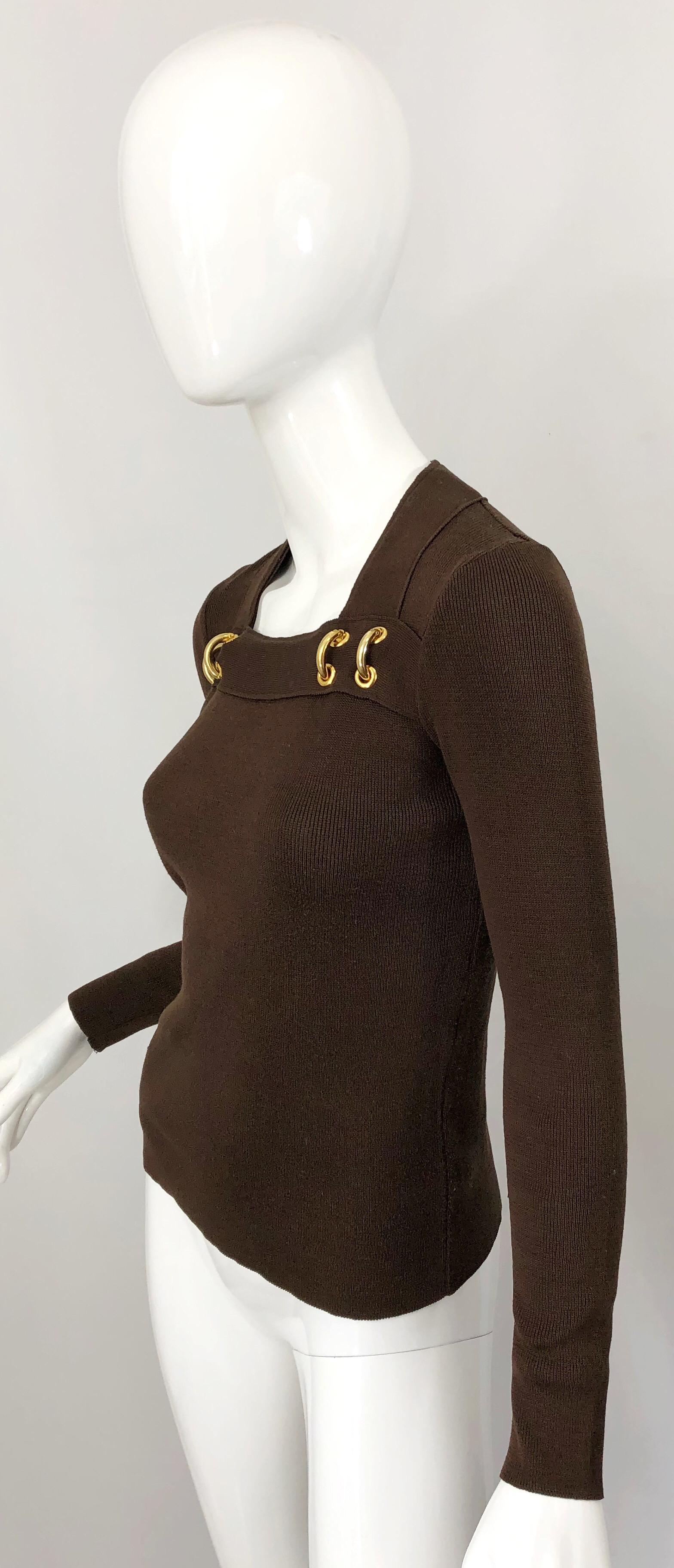 Women's 1970s Petite Marmite Chocolate Brown + Gold Rings Long Sleeve Knit Sweater Top For Sale